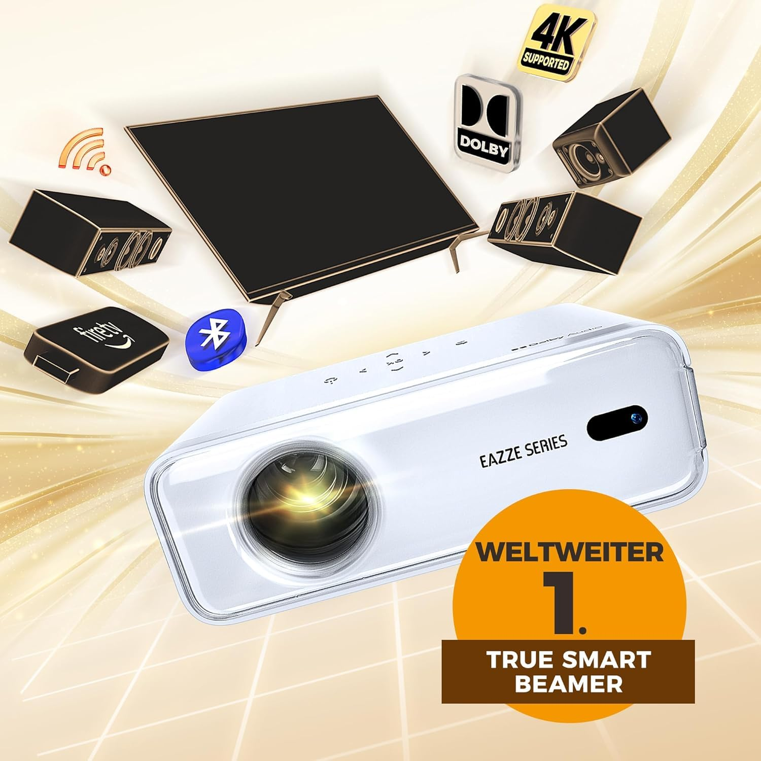 Weißer Eazze Series Beamer mit Icons für TV, Dolby, 4K und Lautsprecher im Hintergrund.