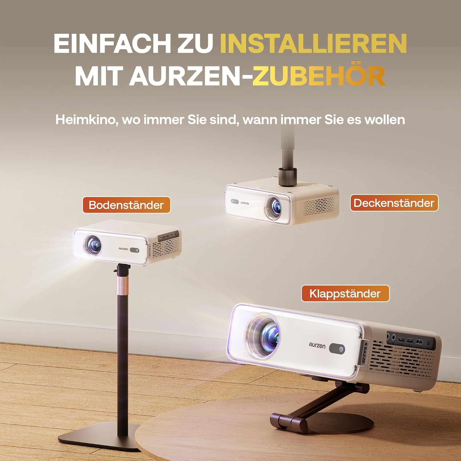 Drei Aurzen Projektoren mit Bodenständer, Deckenständer und Klappständer in einem Raum.