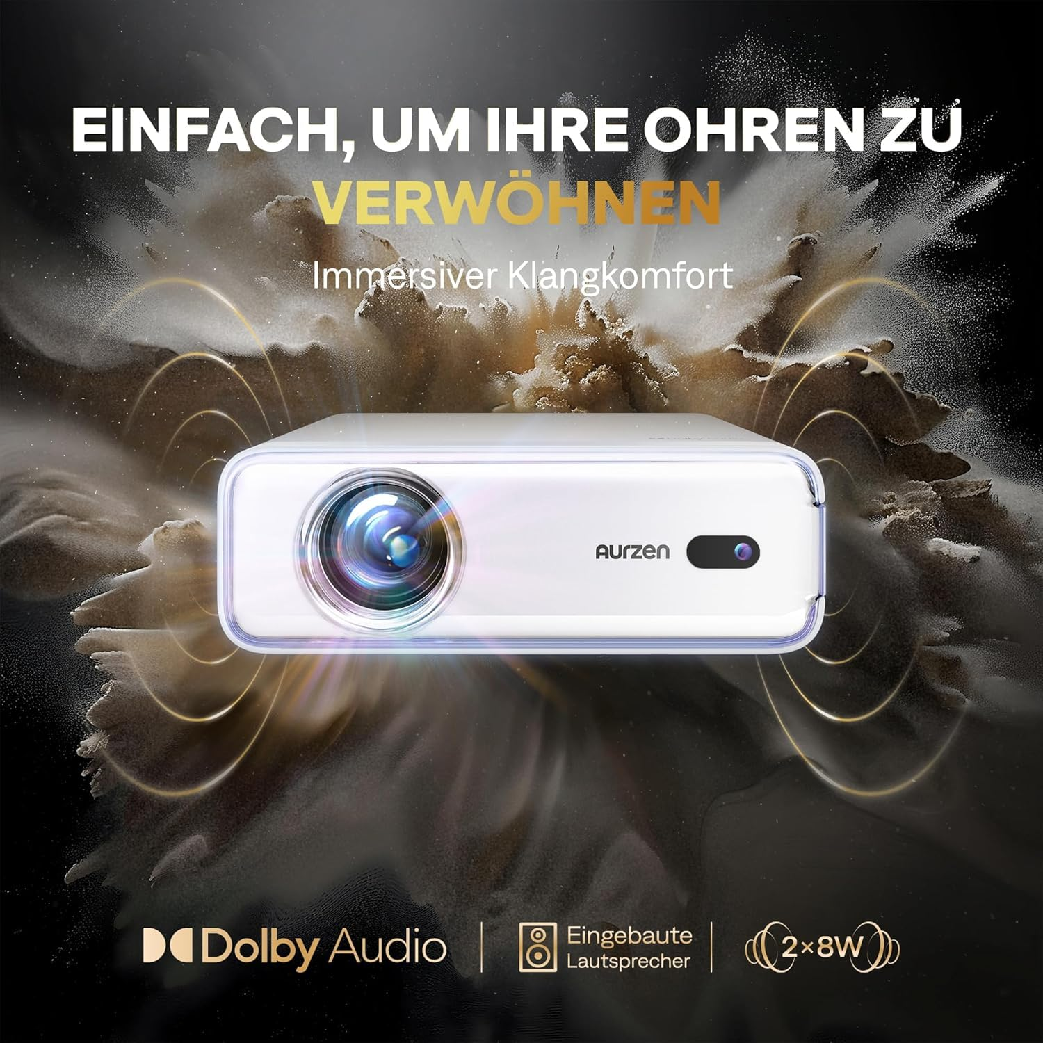 Ein weißer Aurzen-Projektor vor explosivem braunen Hintergrund, mit Dolby Audio und eingebauten Lautsprechern.