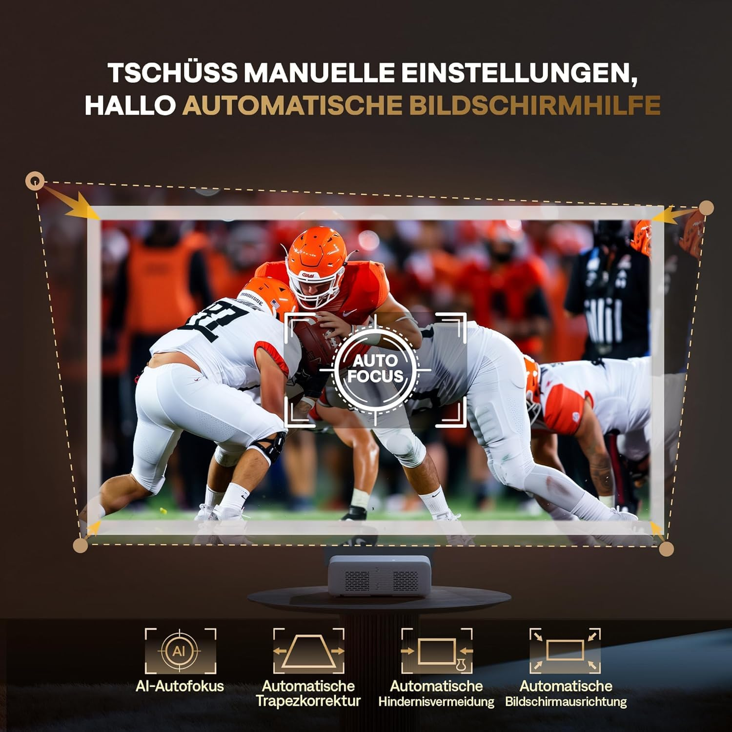 Ein Beamer zeigt ein Footballspiel mit Autofokus, Trapezkorrektur und Bildschirmausrichtung.