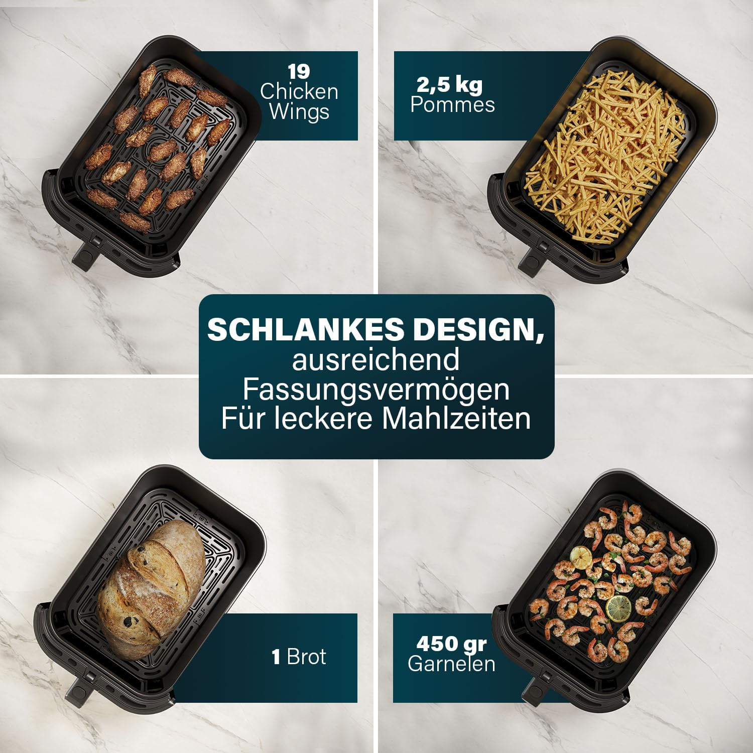 Quatre panneaux montrant des aliments dans une friteuse sans huile : ailes, frites, pain et crevettes.