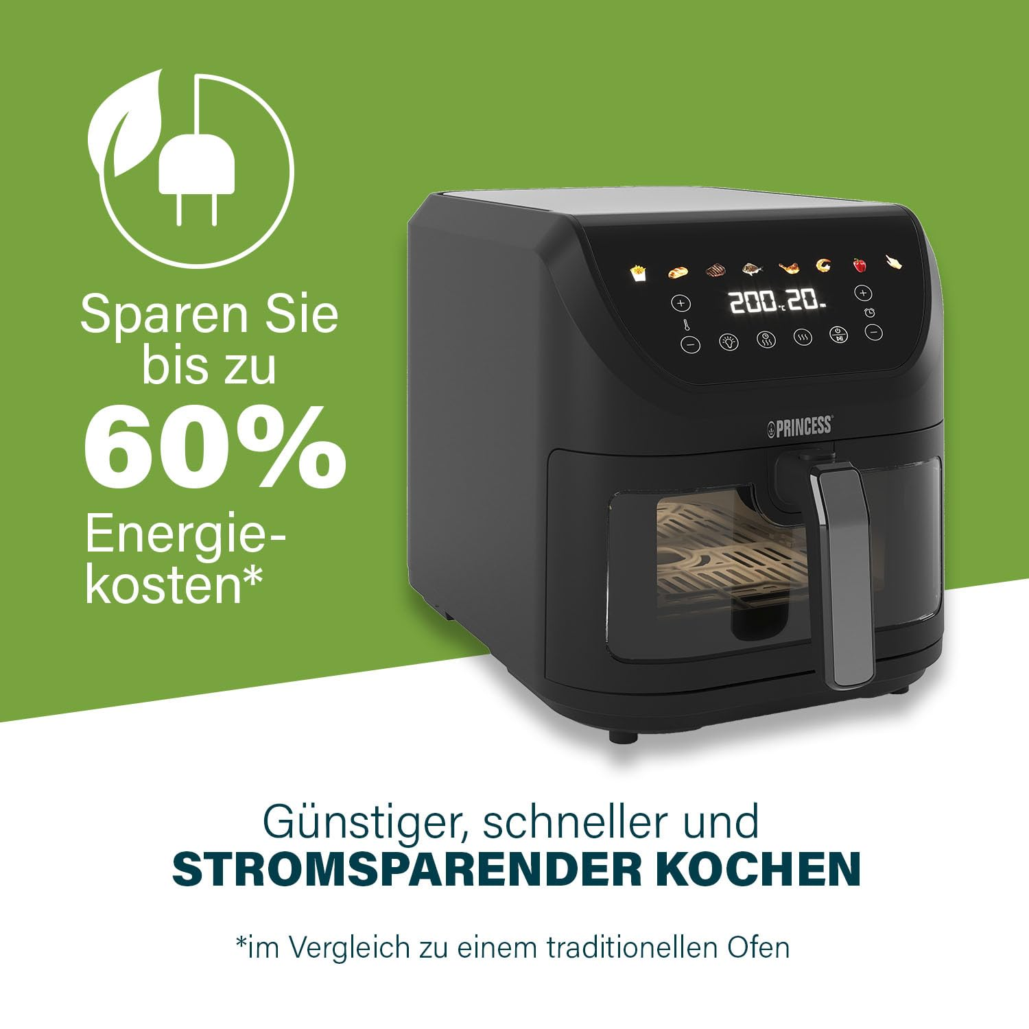 Friteuse à air noire sur fond vert avec texte promotionnel sur les économies d'énergie.