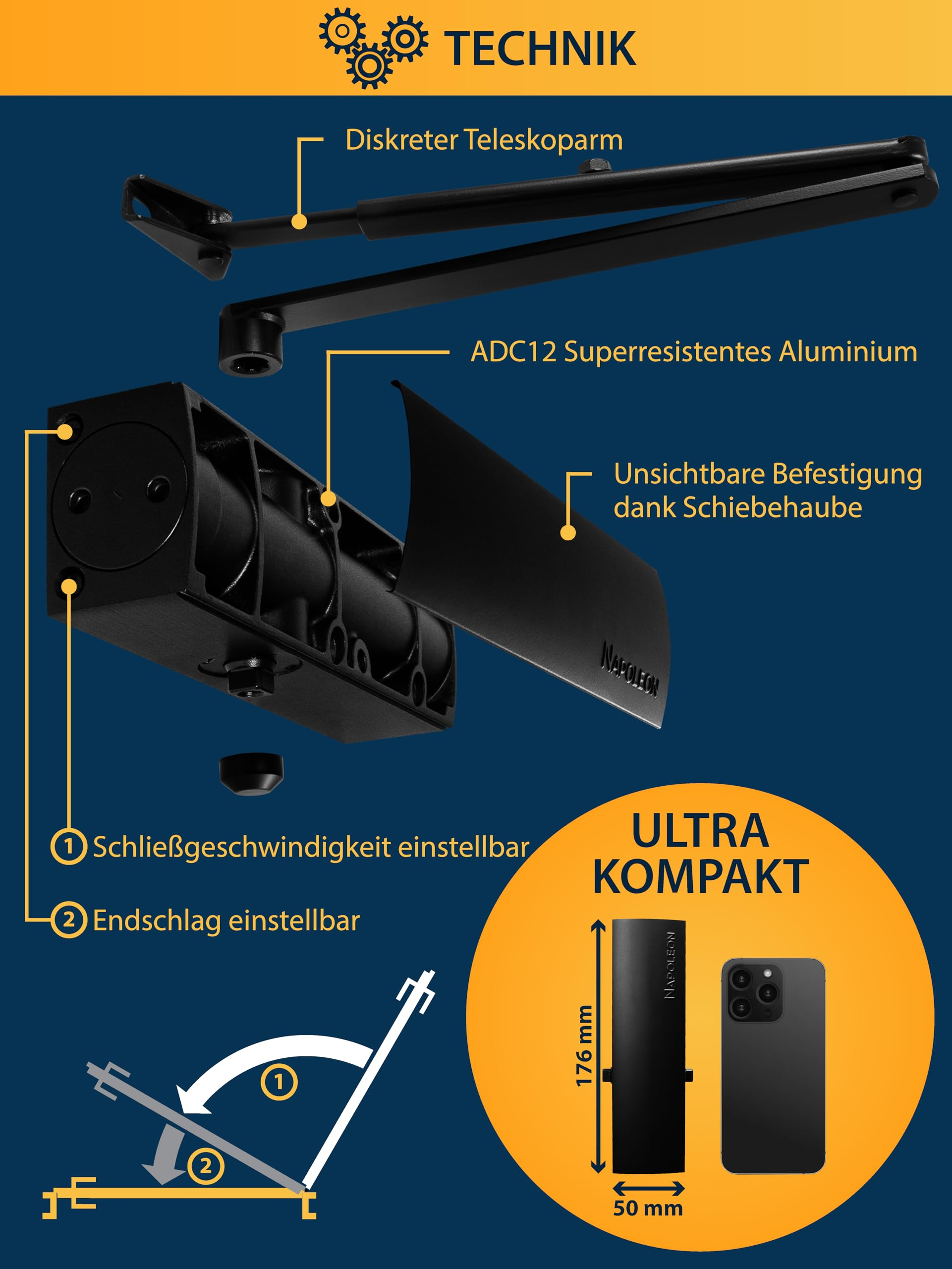 Technische Details eines schwarzen Napoleon Türschließers mit Aluminiumgehäuse und verstellbaren Funktionen.