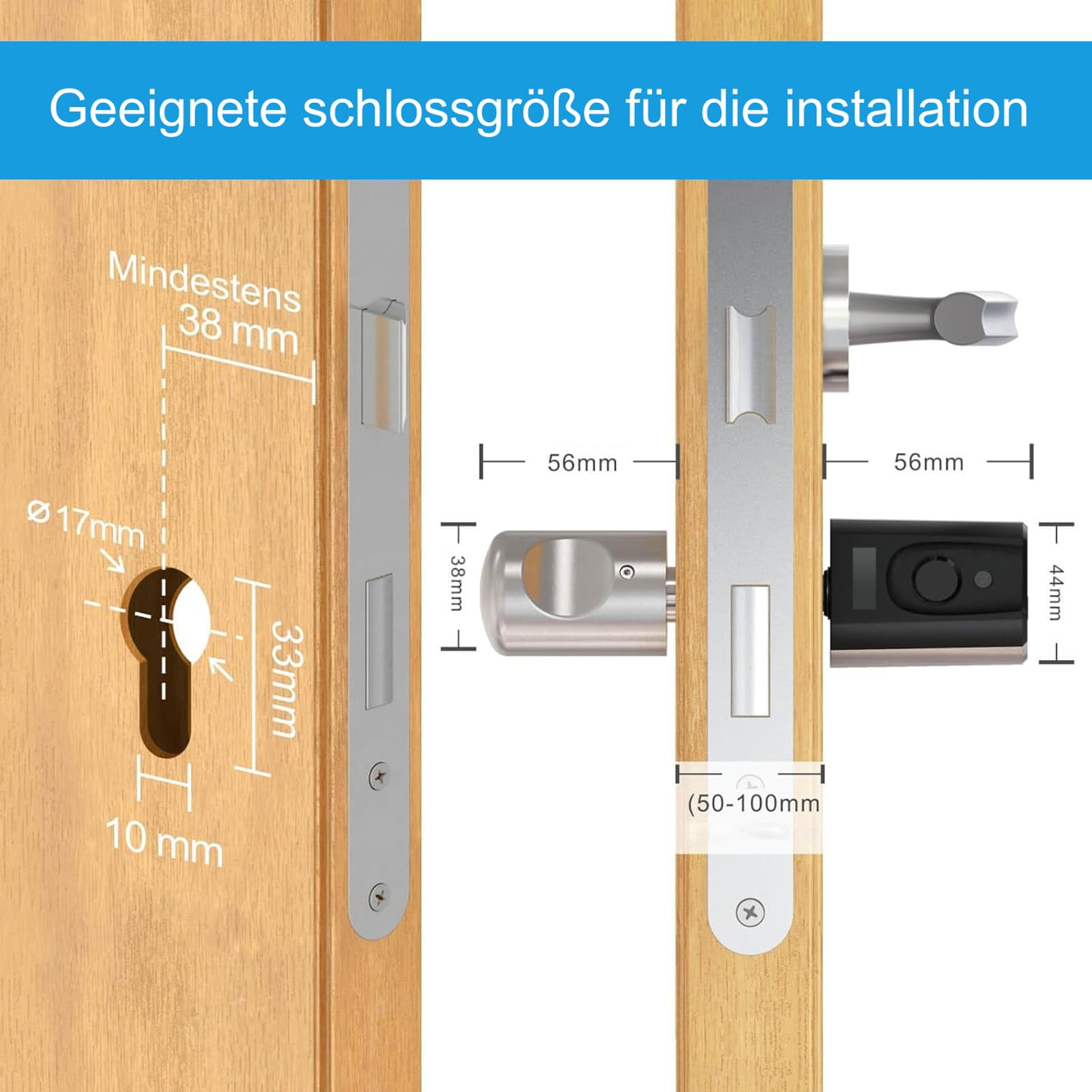 Technische Zeichnung der Schlossmontage an einer Holztür mit Maßangaben in Millimetern.