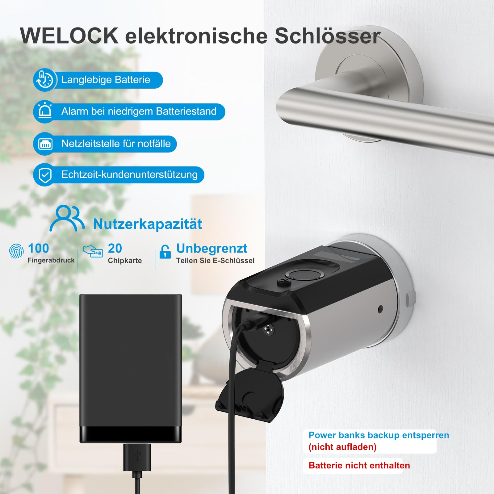 Elektronisches Türschloss mit Powerbank-Verbindung und Feature-Beschriftungen.