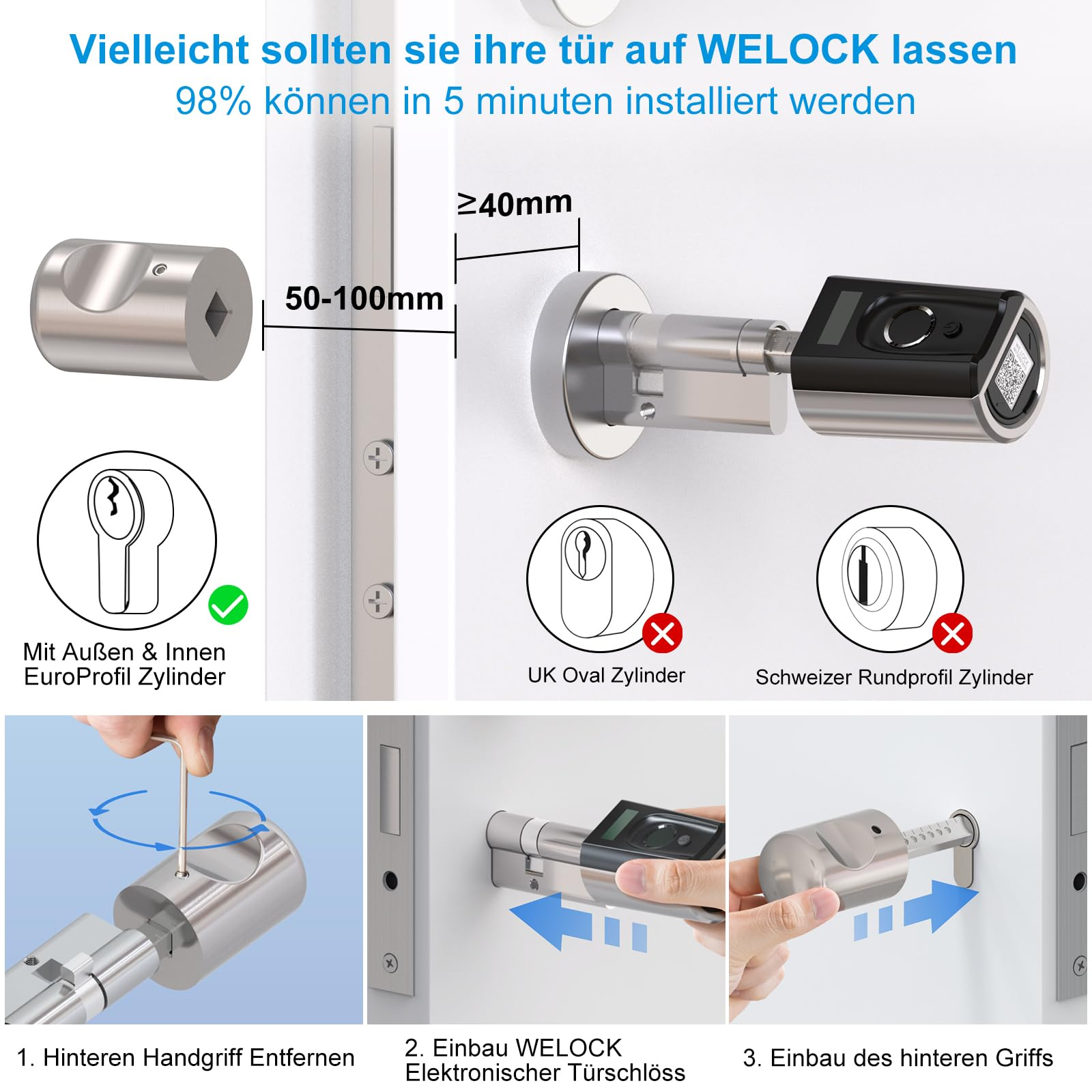 Anleitung zur Installation des elektrischen Smart-Türschlosses von Welock mit Maßangaben und Arbeitsschritten.
