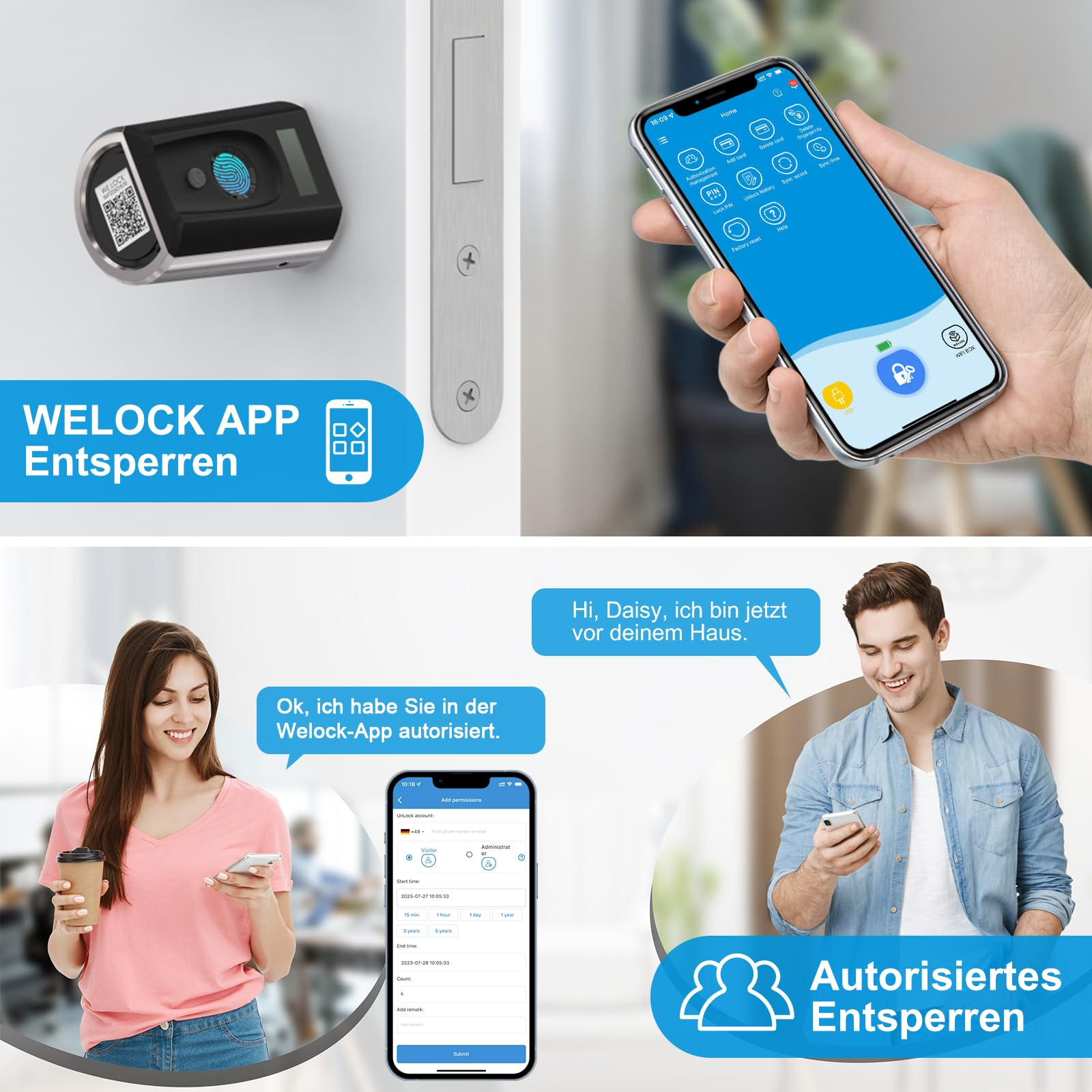Smartphone-App zum Entsperren eines intelligenten Schlosses mit Benutzerautorisierung und Fingerabdruckerkennung.