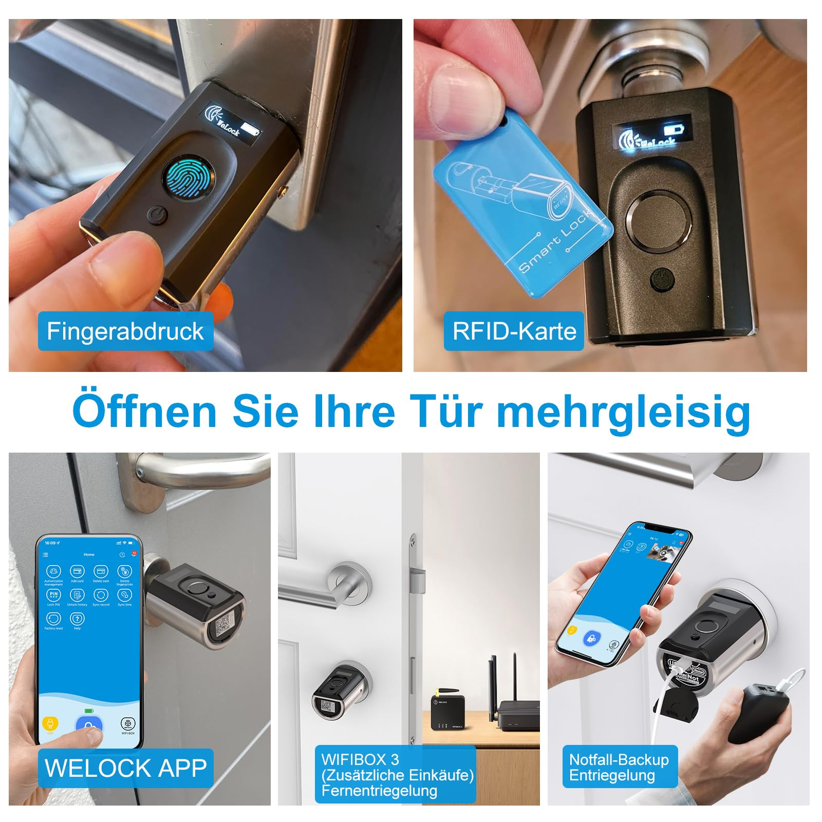 Verschiedene Methoden zum Entsperren eines smarten Türschlosses wie Fingerabdruck, RFID-Karte, App und Notfall-USB.