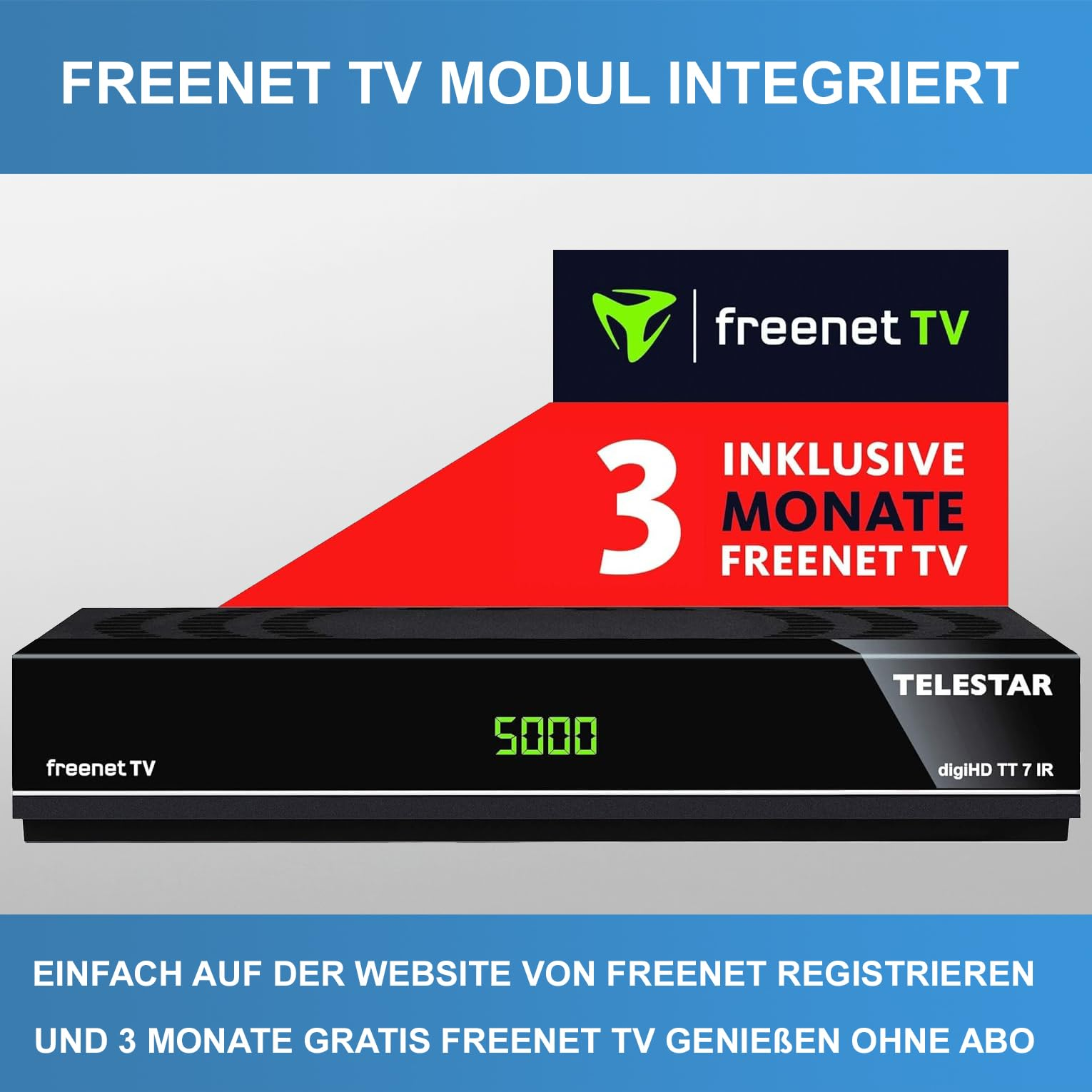 Telestar digiHD TT 7 IR Receiver mit integriertem Freenet TV Modul und 3 Monaten Gratis-Abo.