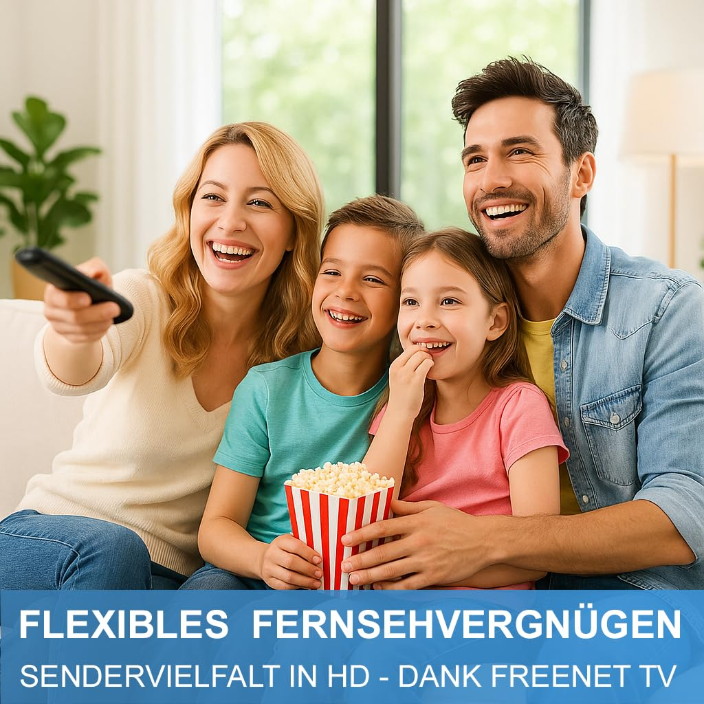 Eine glückliche Familie sitzt auf dem Sofa, lacht und isst Popcorn beim Fernsehen.