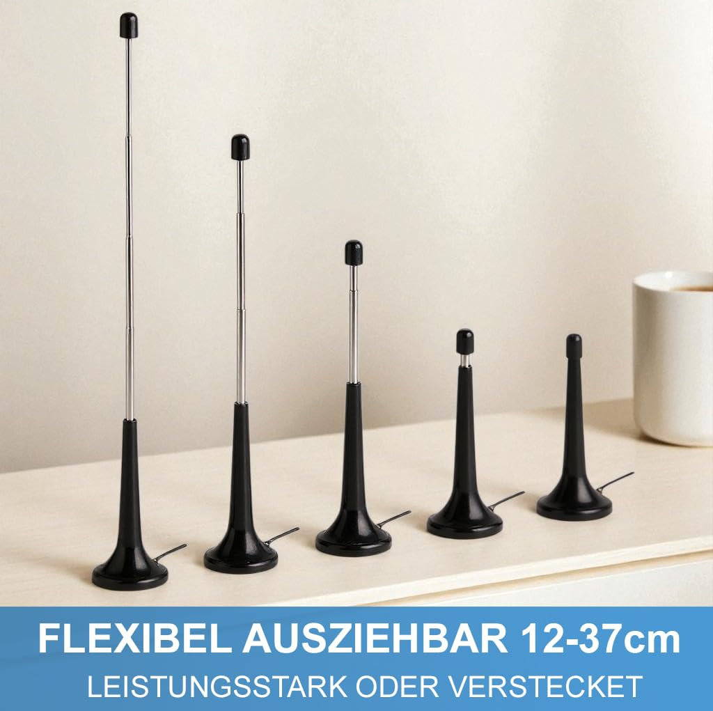 Fünf teleskopische Antennen in verschiedenen Längen von 12 bis 37 cm stehen auf einem Tisch.