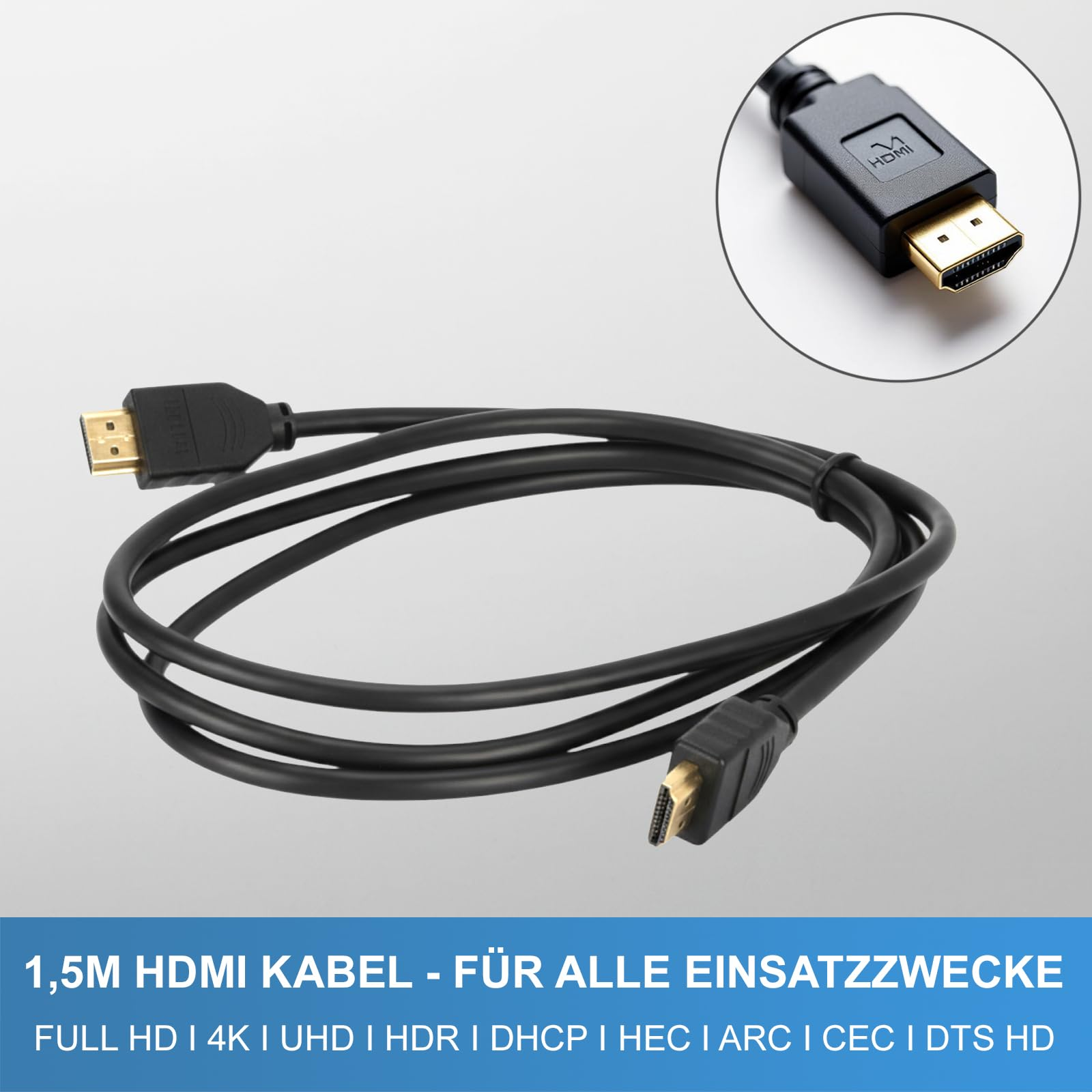 Ein schwarzes 1,5m HDMI-Kabel mit goldenen Anschlüssen und einer Großaufnahme des Steckers.