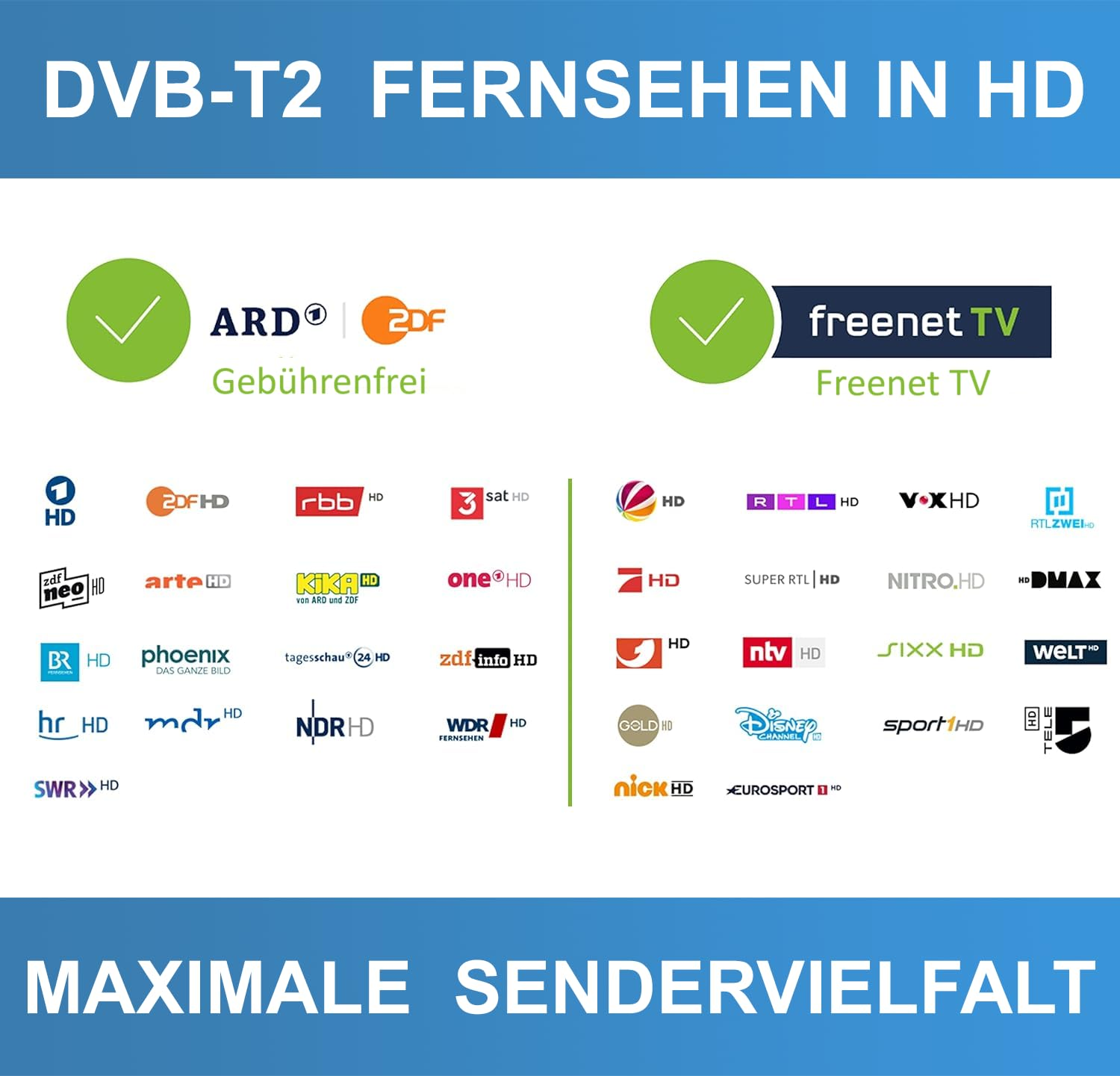 Übersicht deutscher HD-Fernsehsender für DVB-T2, aufgeteilt in gebührenfreie und Freenet TV Sender.