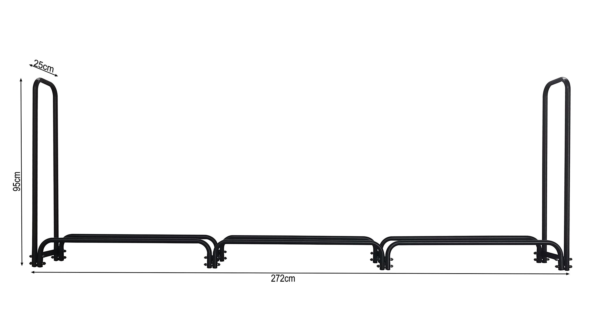 Range-bûches noir de 272 cm de large, 95 cm de haut et 25 cm de profondeur.