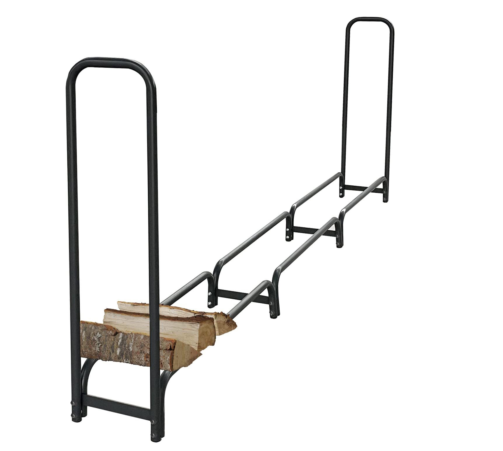 Un long porte-bûches en métal noir avec des extrémités hautes contient quelques bûches sur fond blanc.