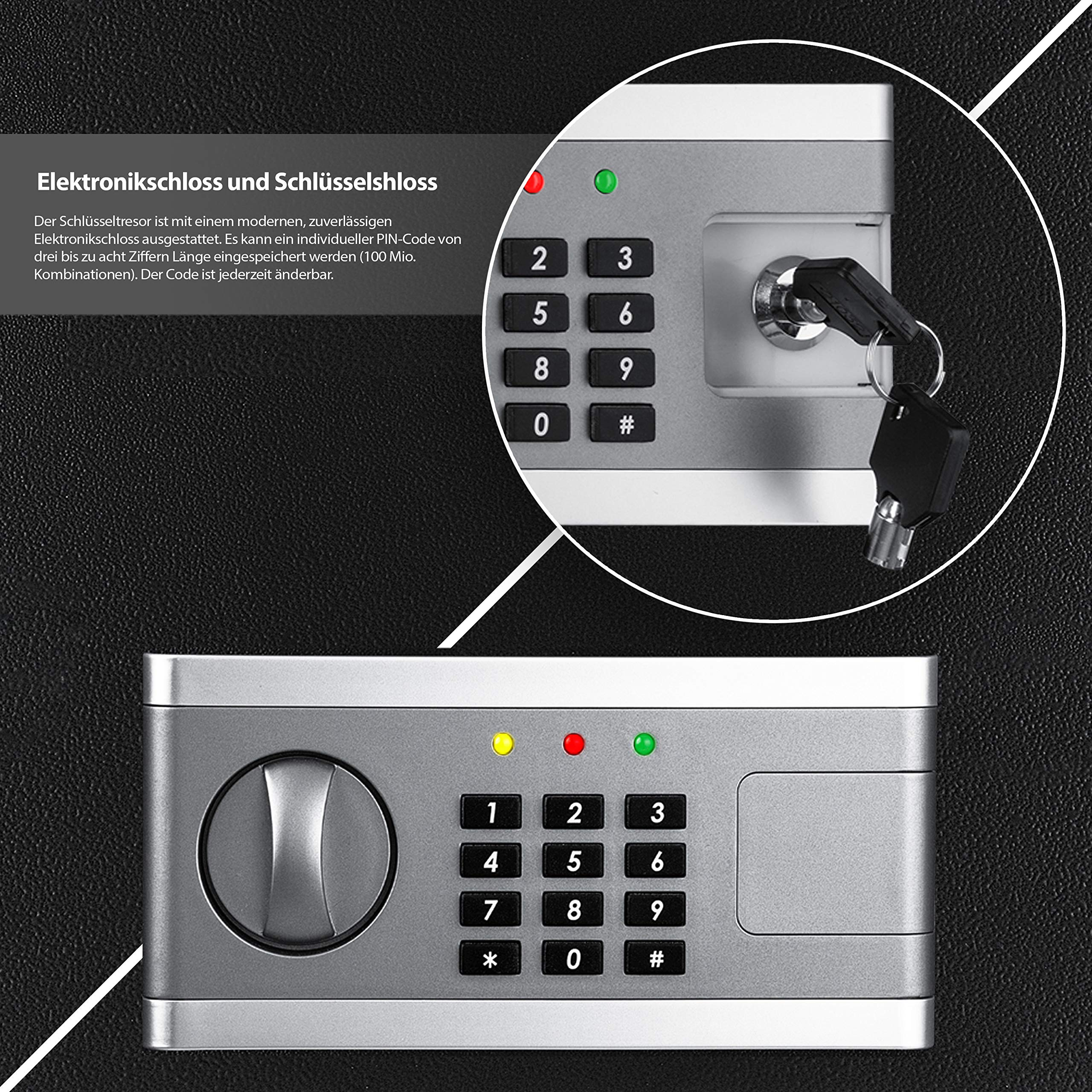 Ein silberner Safe mit elektronischem Tastenfeld, LED-Anzeigen, Drehknopf und einem versteckten Schlüsselschloss.