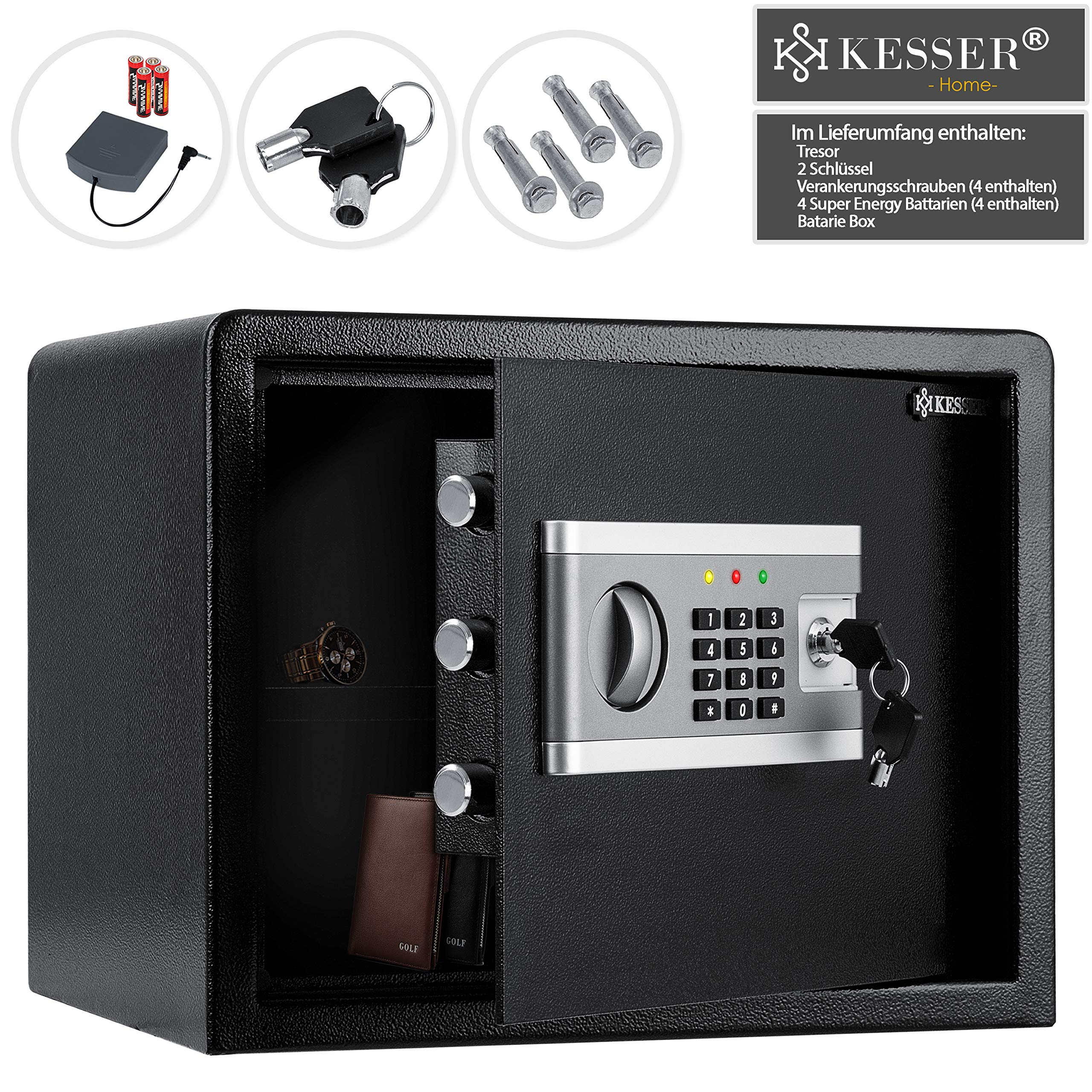 Schwarzer Kesser Tresor mit Ziffernblock und Zubehör wie Batterien, Schlüsseln und Schrauben.