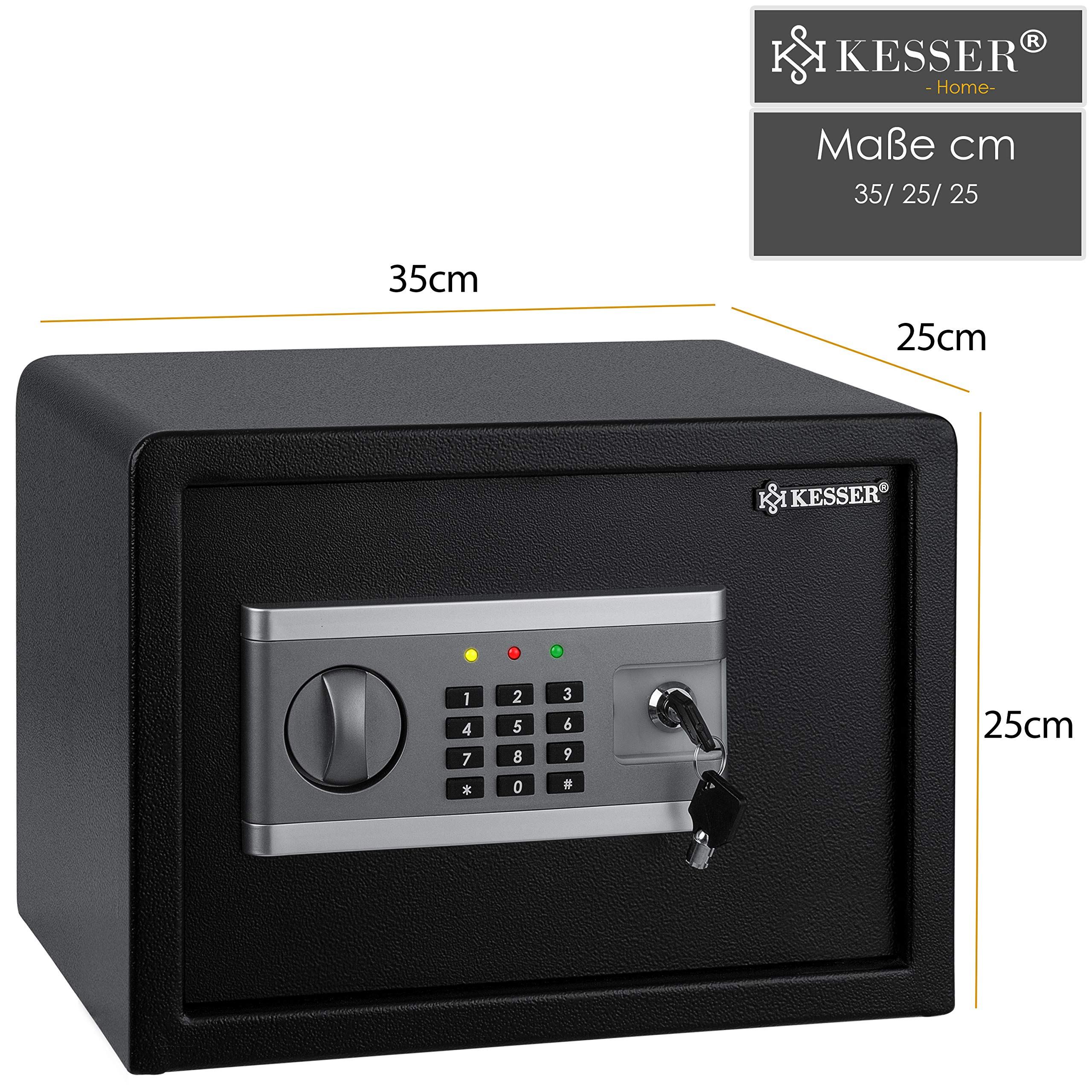 Schwarzer Kesser Safe mit digitalem Tastenfeld, Drehknopf und Notfallschlüssel. Abmessungen 35x25x25 cm.