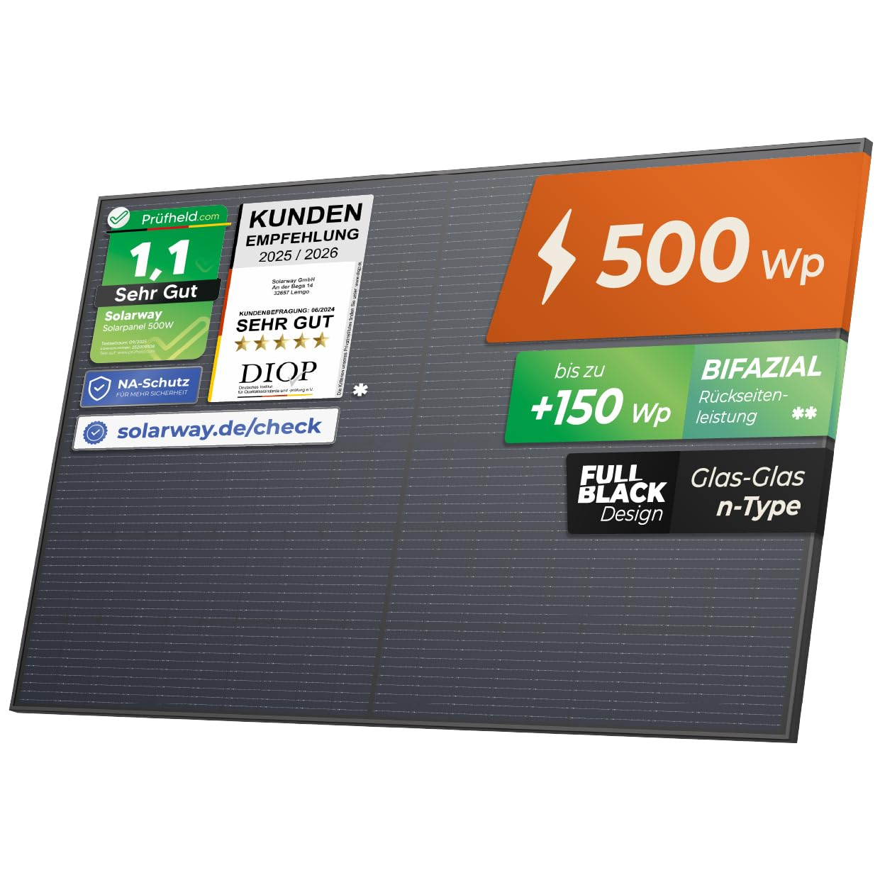 Solarway-Solarmodul, 500 W, bifazial, vollschwarzes Design, mit Testergebnissen und Zertifizierungen.