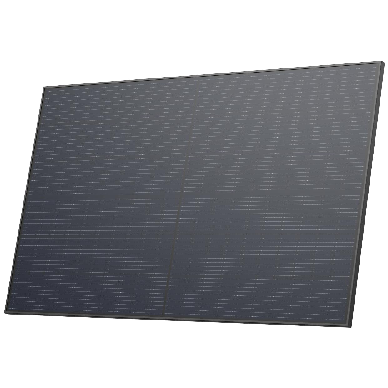 Ein großes, rechteckiges Solarmodul mit schwarzem Rahmen und dunklen Solarzellen vor weißem Hintergrund.