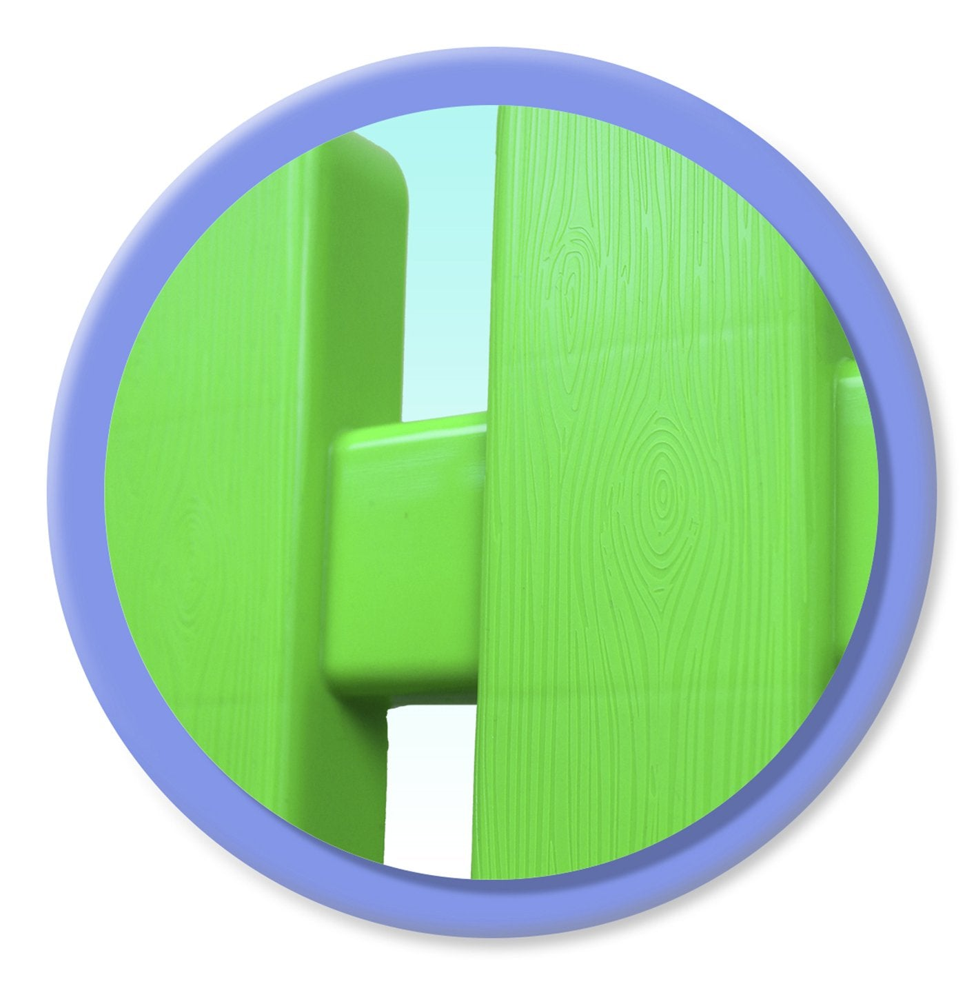 Primo piano di una struttura di recinzione in plastica verde brillante all'interno di un cerchio blu.