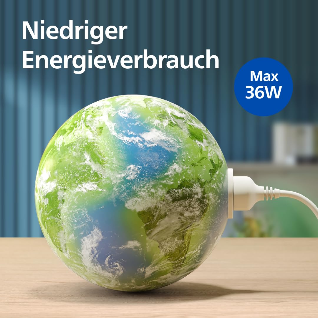 Globus im Erddesign mit Stromkabel auf Holztisch und Text Niedriger Energieverbrauch.