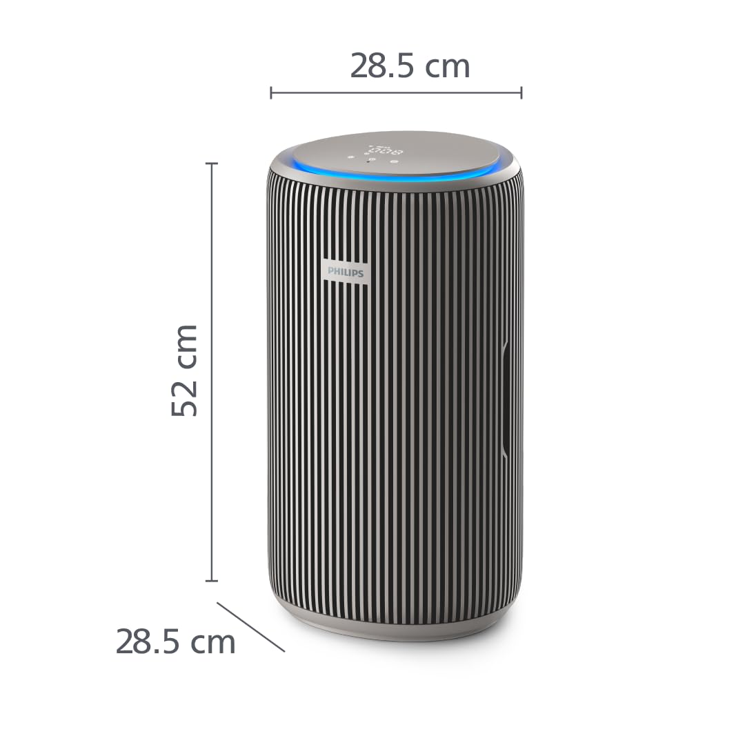 Grauer Philips Luftreiniger mit Abmessungen von 52 cm Höhe und 28.5 cm Breite.