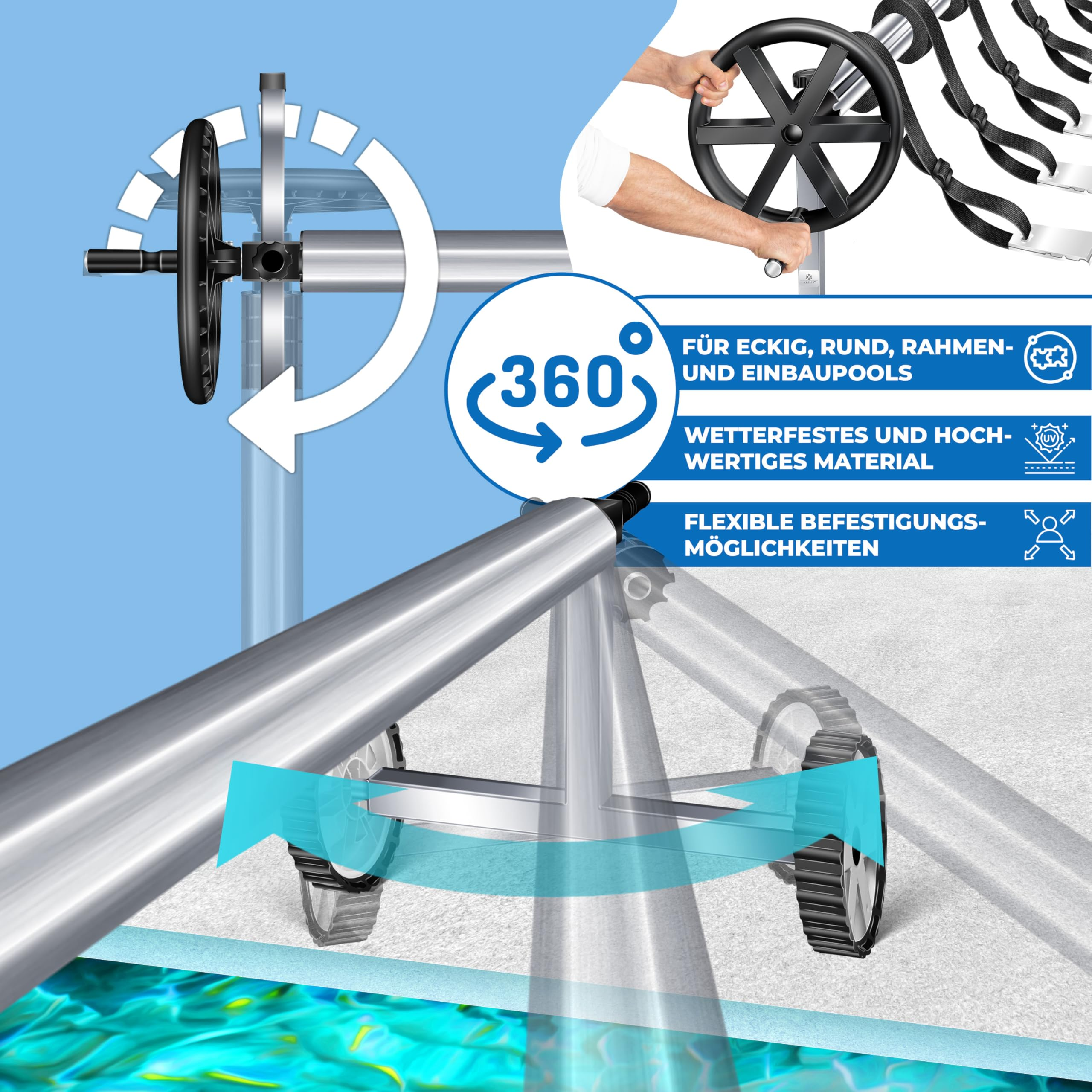 Pool-Aufrollvorrichtung aus Metall mit Rädern und Handkurbel, 360-Grad-Ansicht.