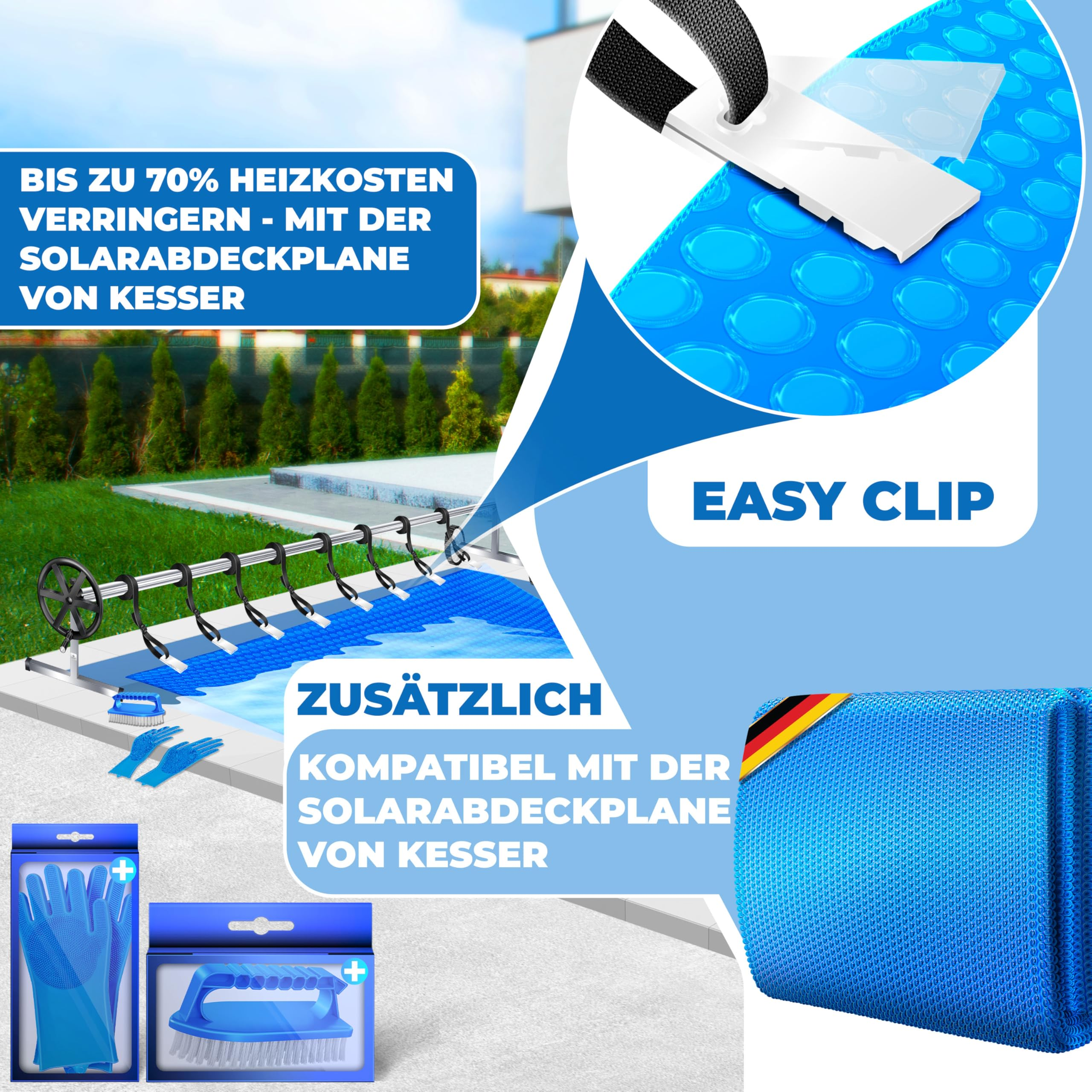 Blaue Solar-Poolabdeckung mit Aufrollvorrichtung, Easy-Clip und Zubehör.