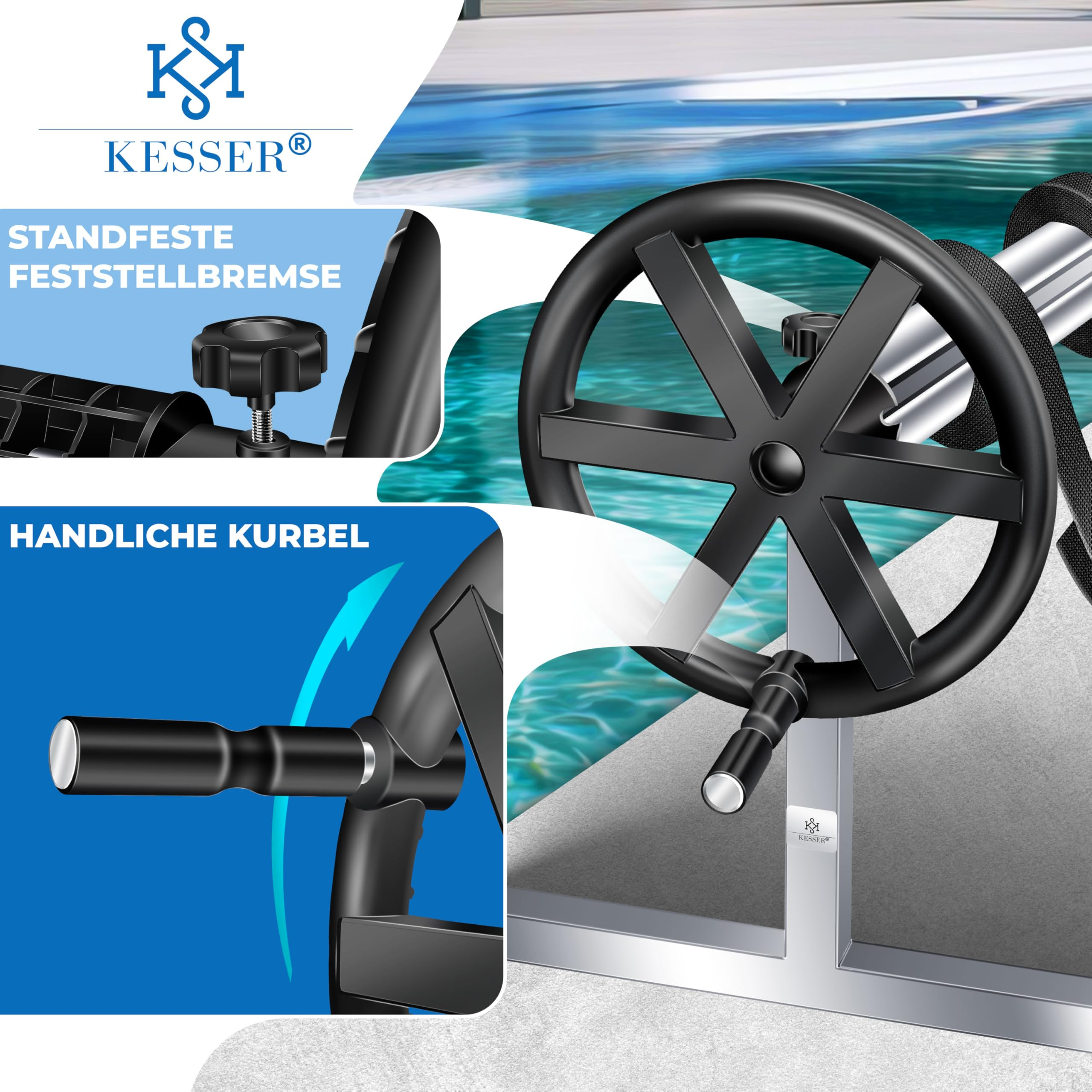 Detail der Poolabdeckungs-Aufrollvorrichtung mit Handkurbel, Feststellbremse und Kesser-Logo.