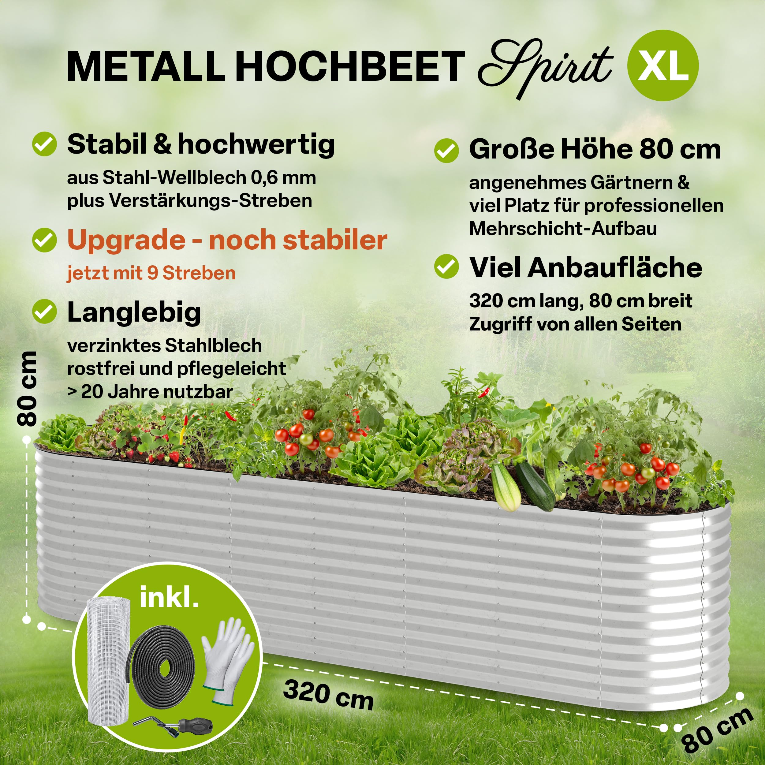 Jardinière surélevée en métal argenté Spirit XL avec légumes et texte.
