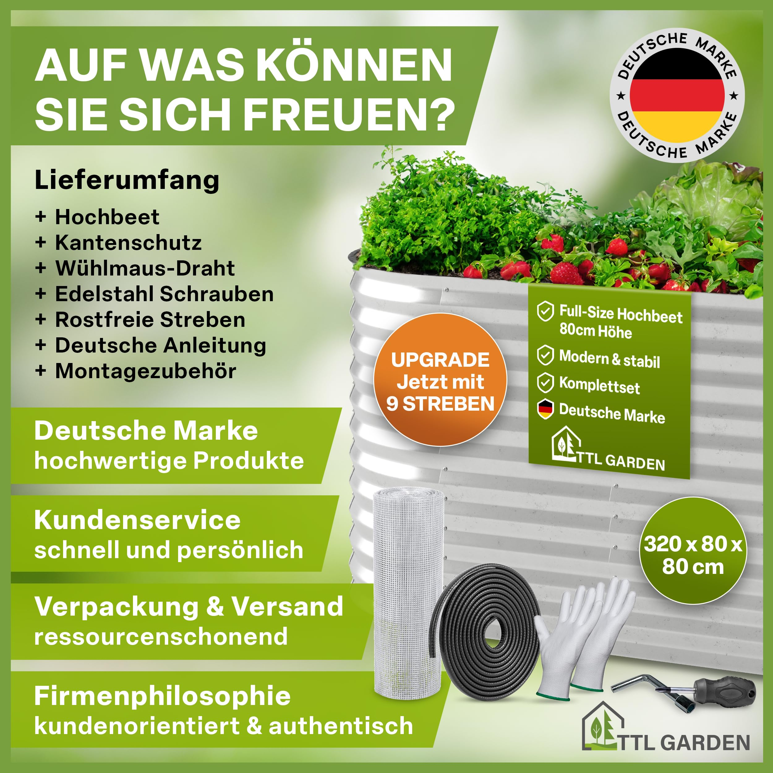 Image promotionnelle d'un potager surélevé en métal avec accessoires, texte et label allemand.