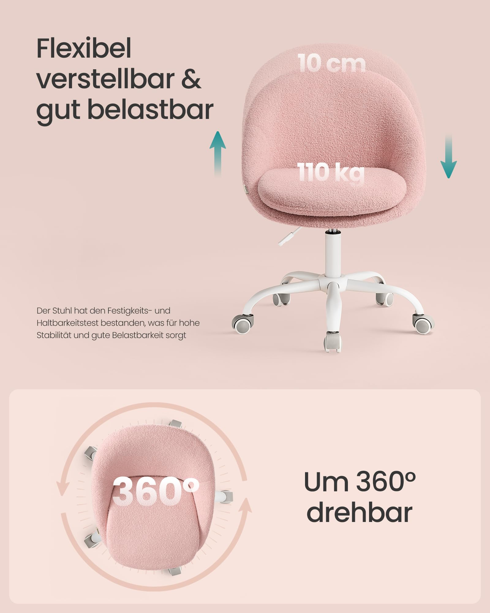 Chaise de bureau rose à roulettes, réglable en hauteur et pivotante à 360 degrés, supportant 110 kg.