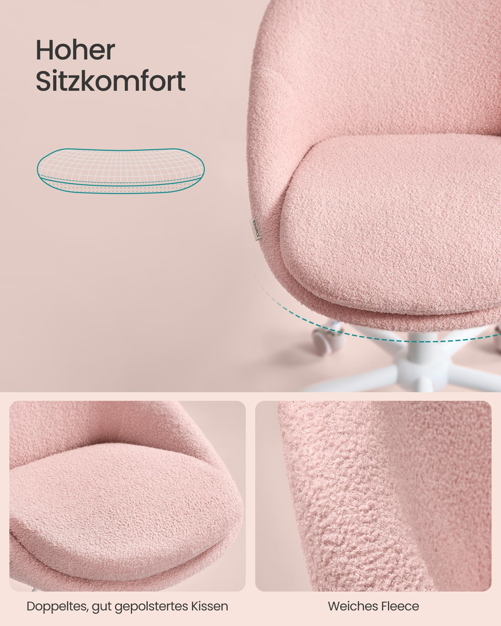 Chaise de bureau rose duveteuse mettant en valeur un coussin épais et une texture polaire.