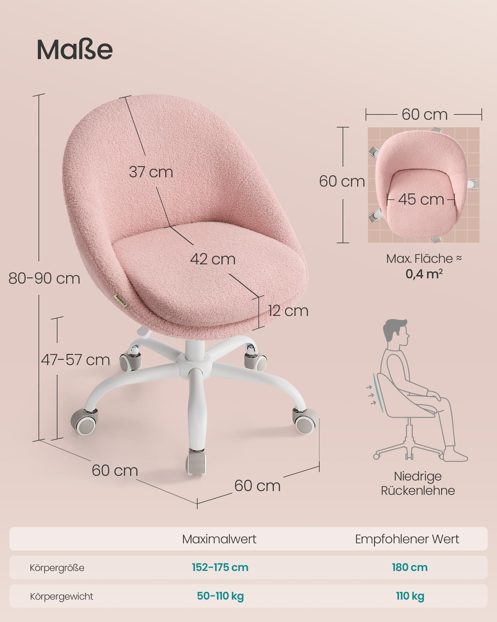 Chaise de bureau en peluche rose avec cadre blanc et dimensions sur fond rose.