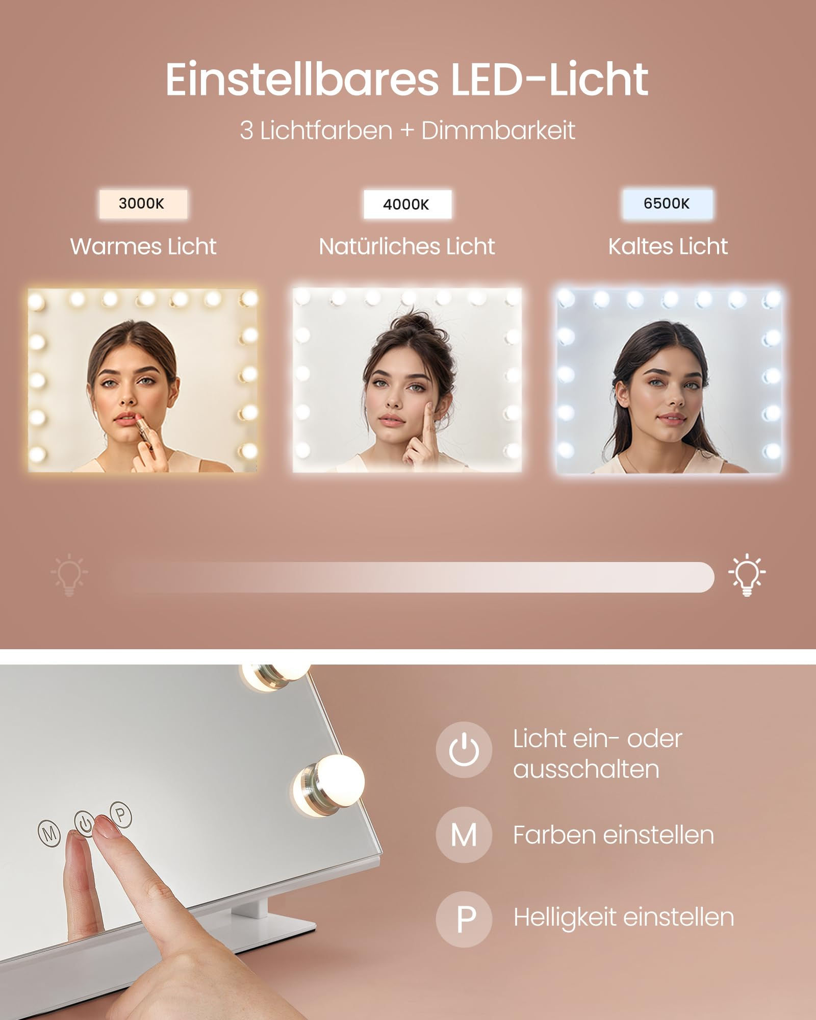 Specchio illuminato con tre temperature di luce e controlli touch per colore e luminosità.