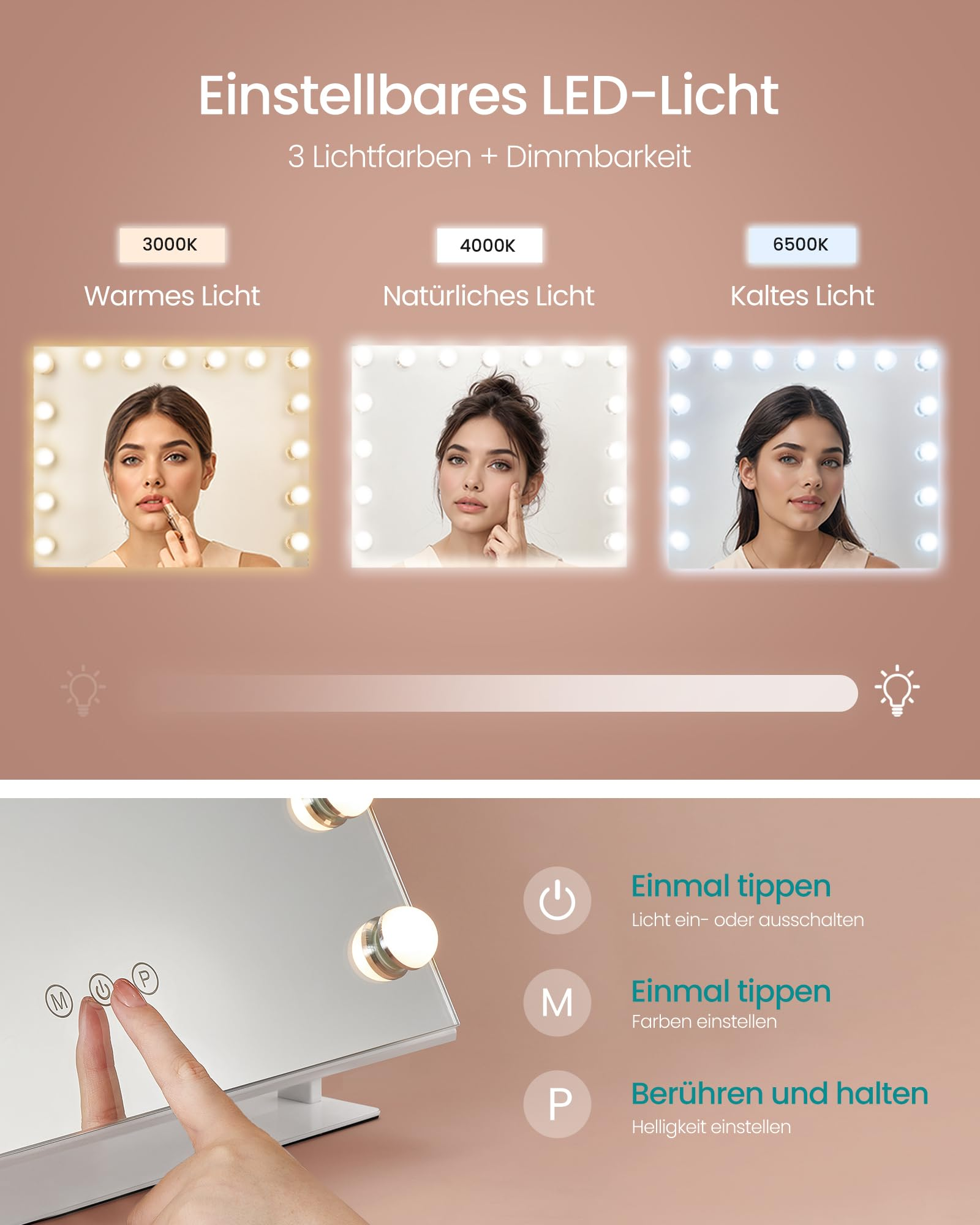 Infografica che mostra uno specchio da trucco illuminato con tre modalità di colore su sfondo rosa.