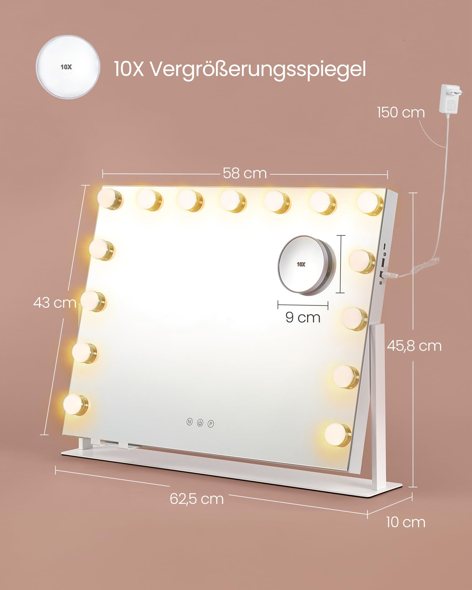 Specchio da trucco illuminato con dimensioni e piccolo specchio ingranditore 10X su sfondo marrone.