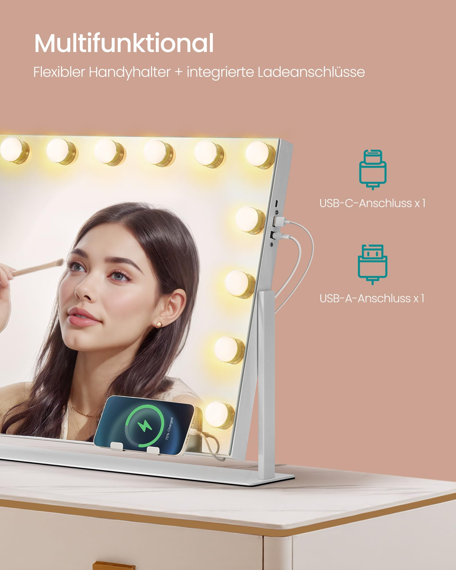 Specchio da trucco illuminato con porte USB e supporto per smartphone.