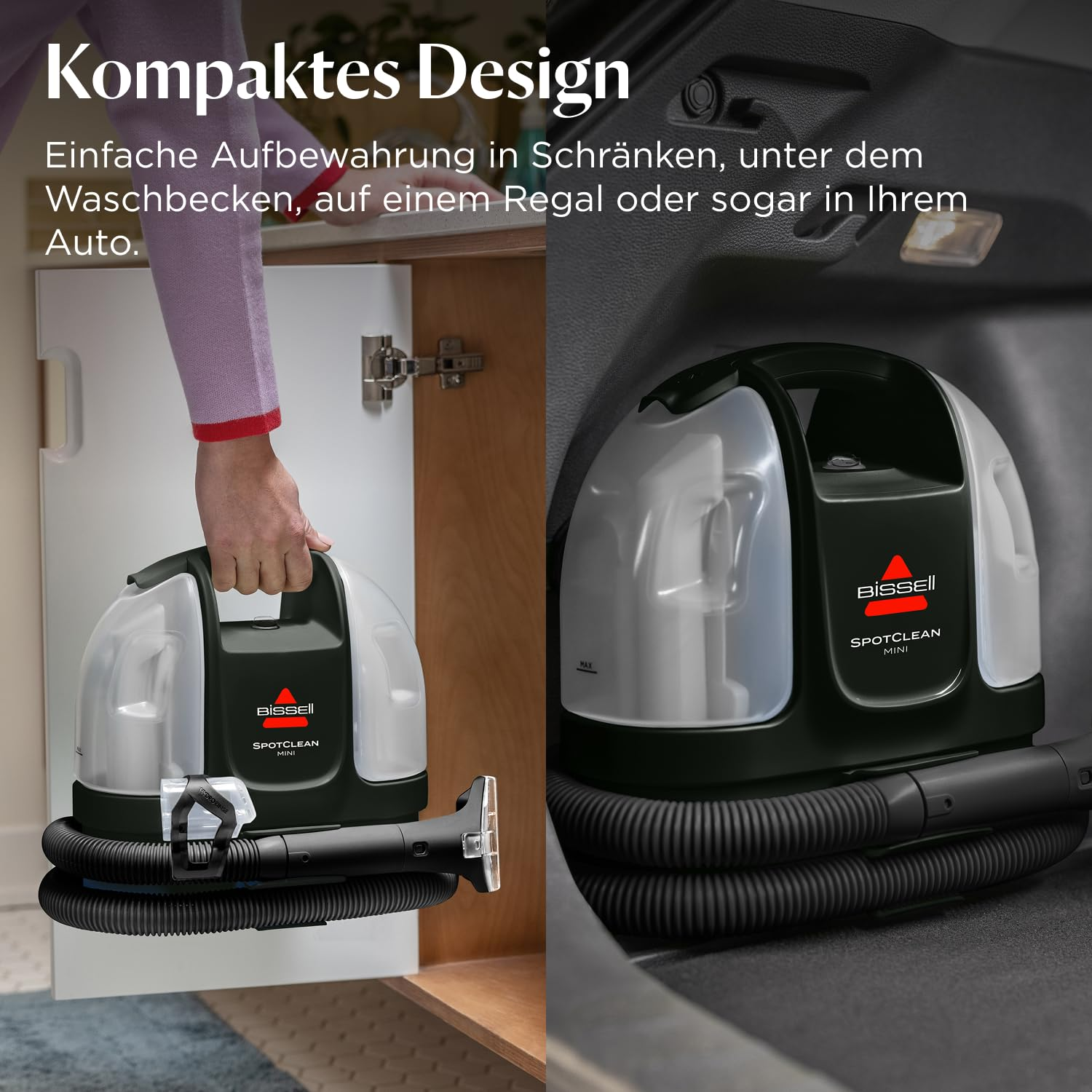 Pulitore compatto Bissell SpotClean Mini, mostrato mentre viene tenuto in mano e riposto nel bagagliaio.