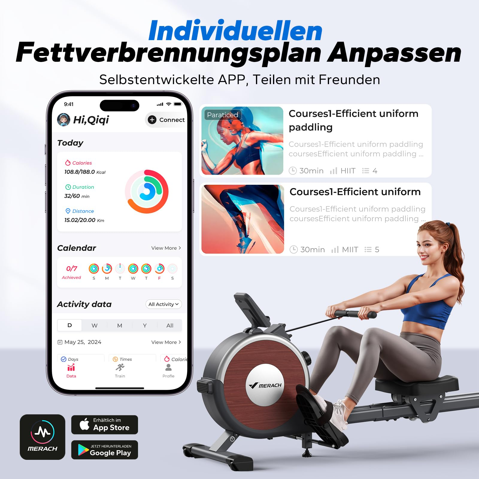 Eine Frau trainiert auf einem Merach-Rudergerät, daneben zeigt ein Smartphone die zugehörige Trainings-App.