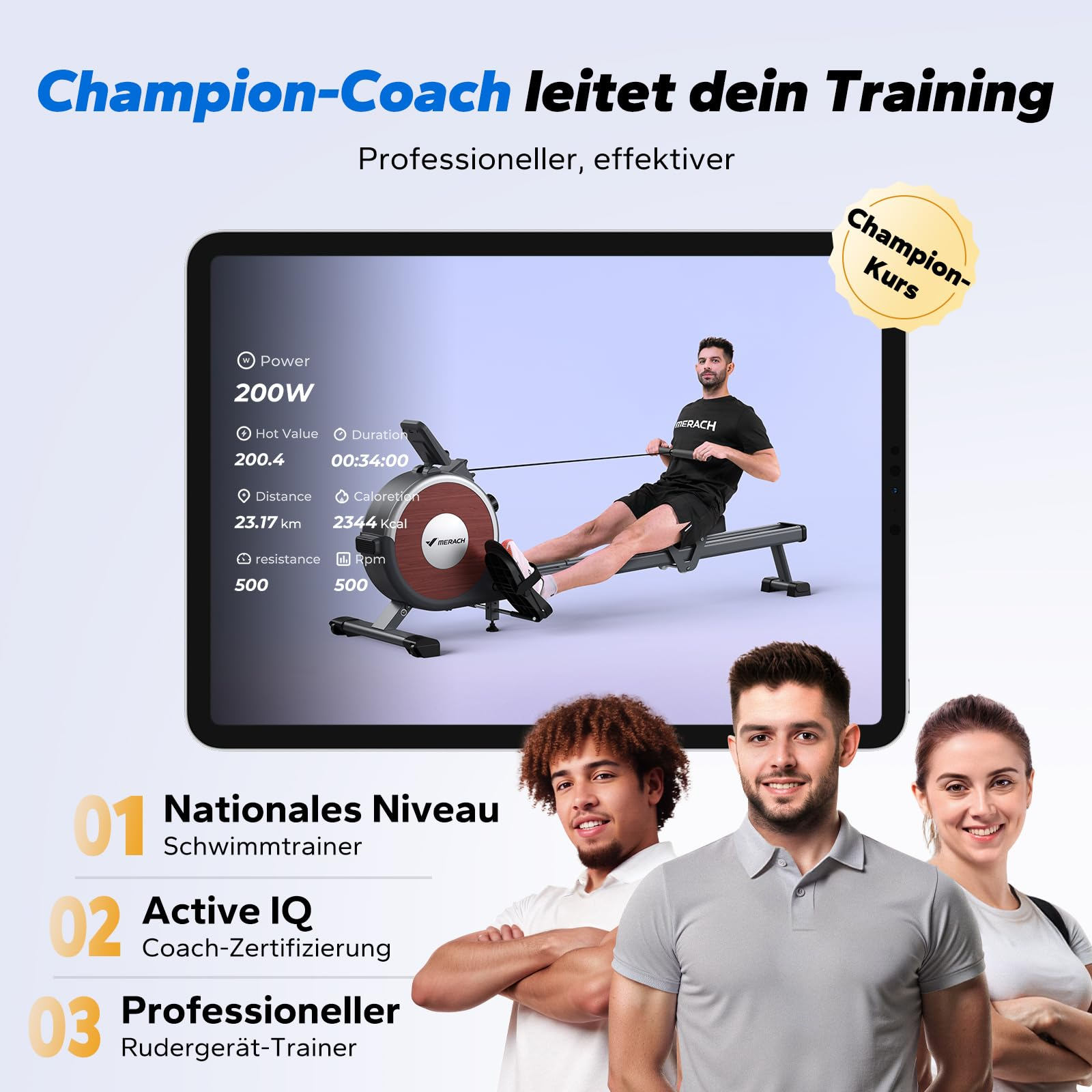 Ein Tablet zeigt einen Mann beim Rudertraining, umgeben von Text und drei smiling Trainern im Vordergrund.