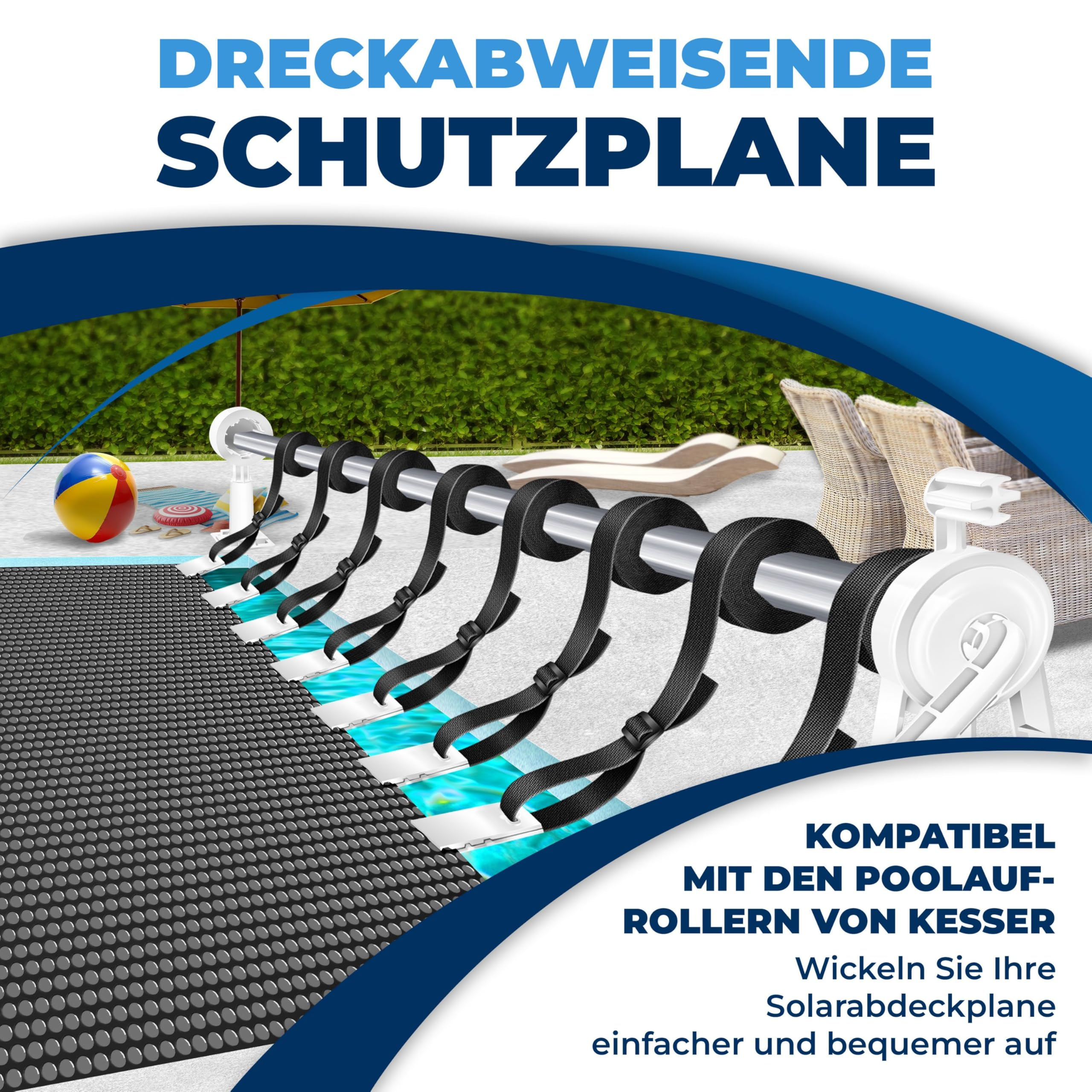 Schutzplane für Pools mit Befestigungsgurten an einer Rolle.