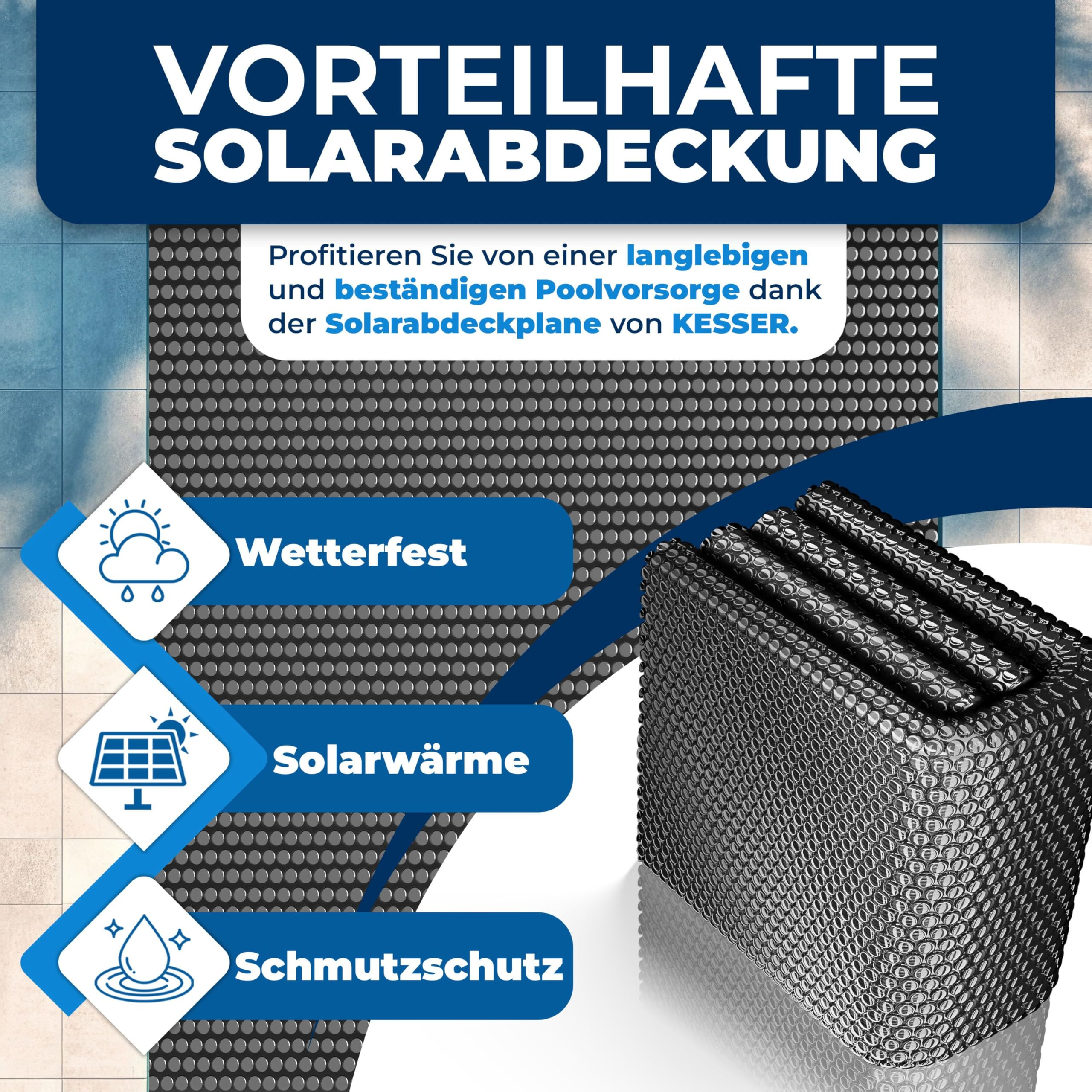 Werbebild für KESSER Solarabdeckung mit Symbolen für Wetterfest, Solarwärme und Schutz.