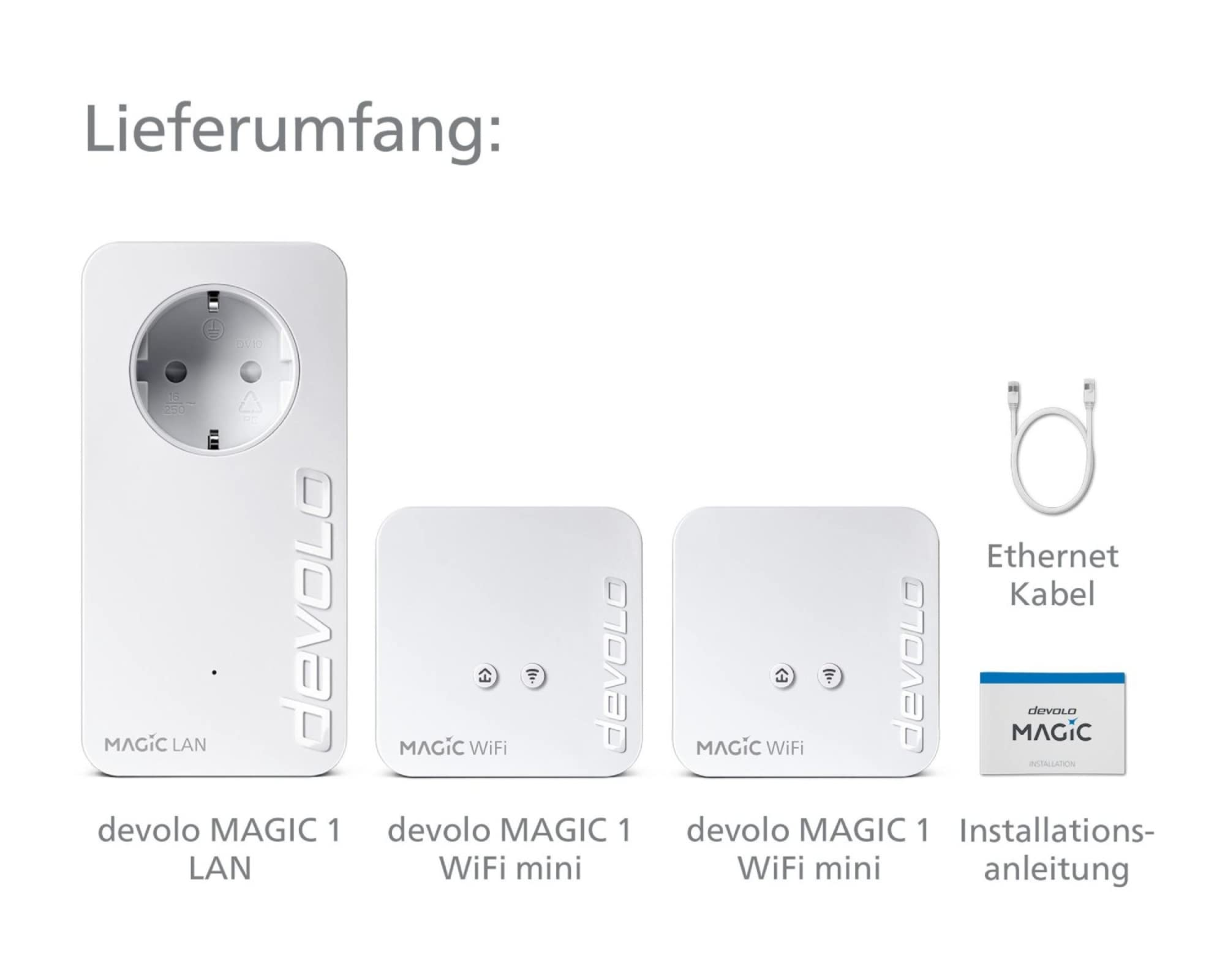 Contenuto: Devolo Magic 1 LAN, due adattatori WiFi mini, un cavo Ethernet e una guida all'installazione.
