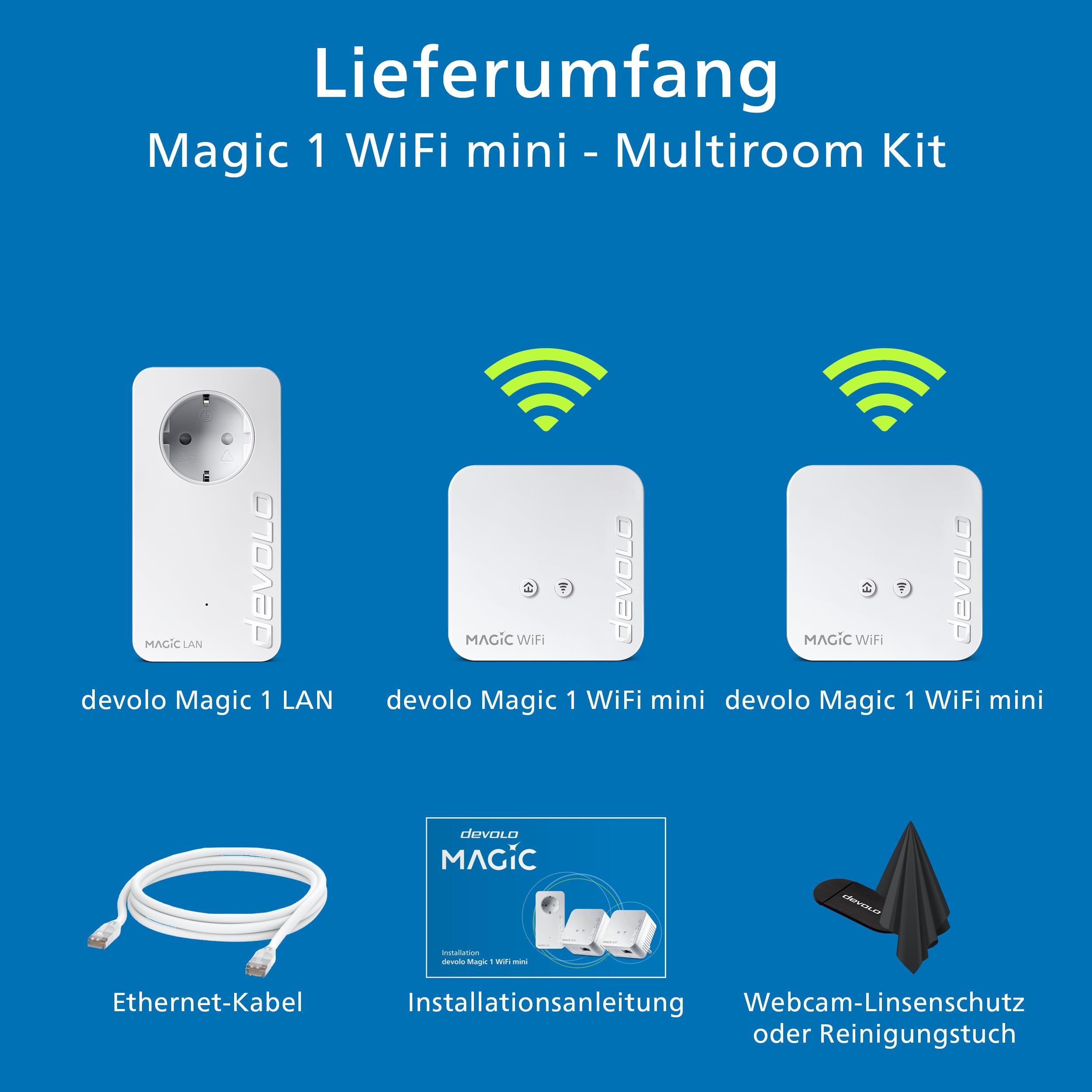 Contenuto del kit multiroom devolo Magic 1 WiFi mini con adattatori, cavo ethernet, manuale e panno.