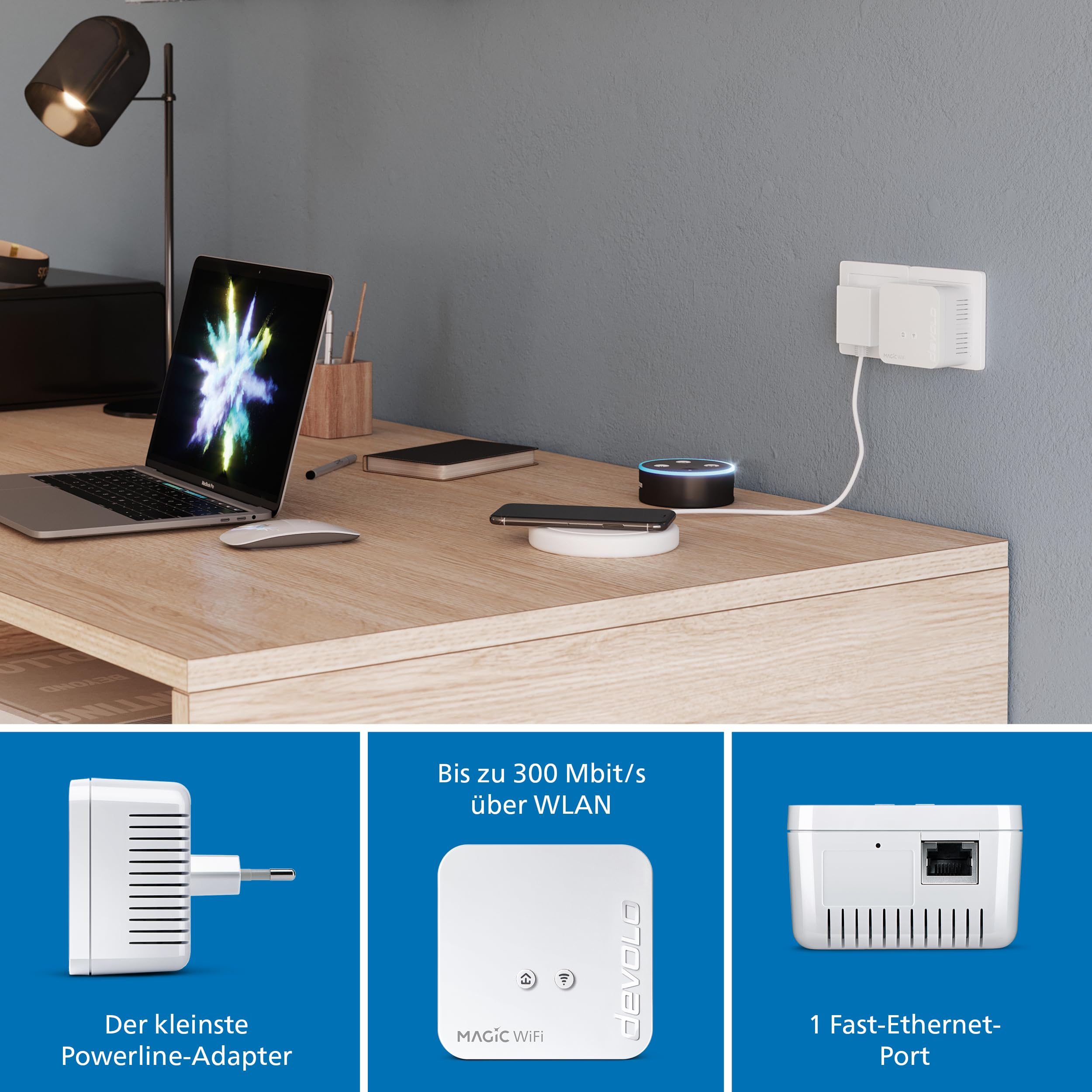 Una scrivania con laptop, smartphone, smart speaker e un adattatore Devolo inserito nella presa.