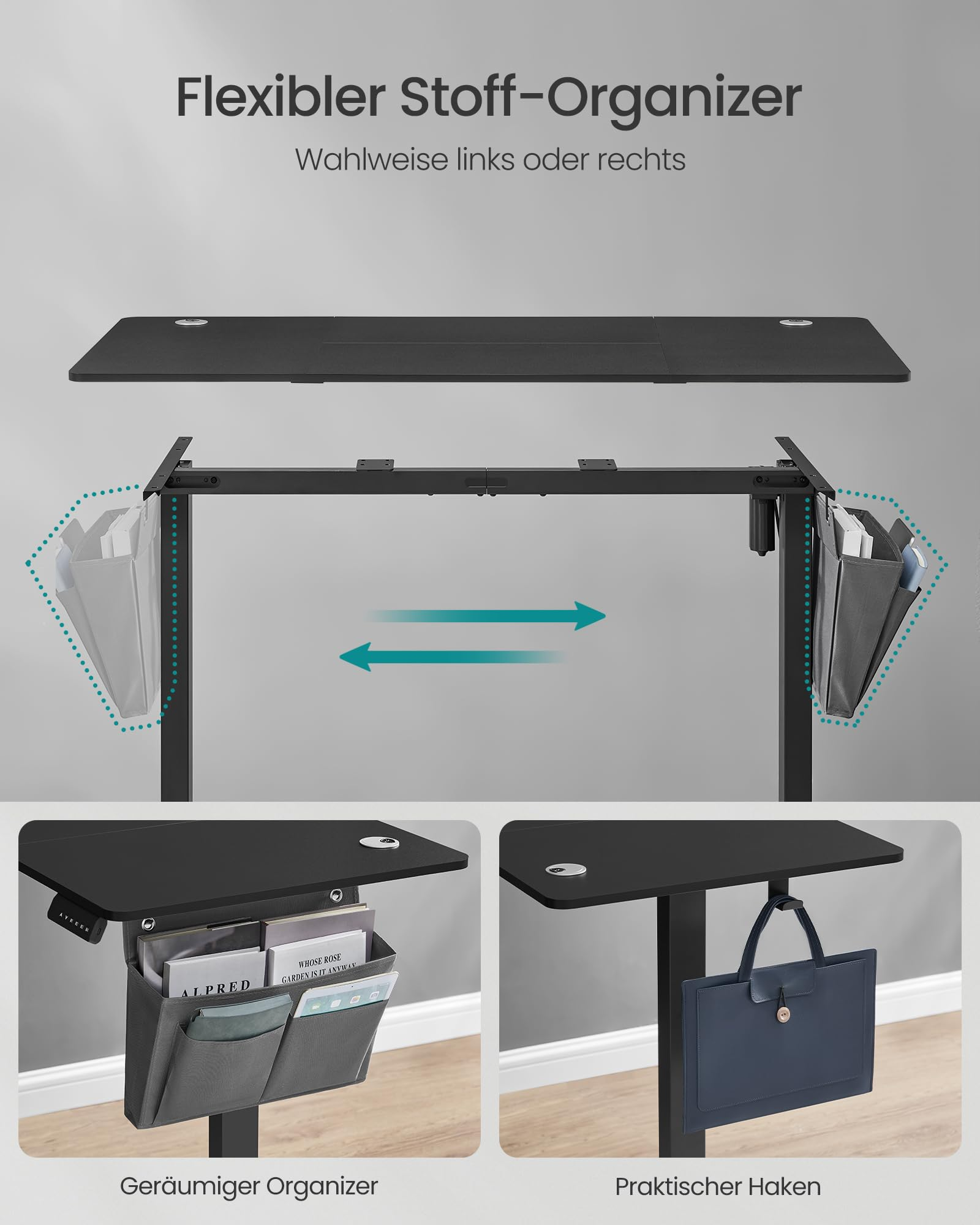Un bureau noir avec un organisateur en tissu et un crochet pour accessoires.