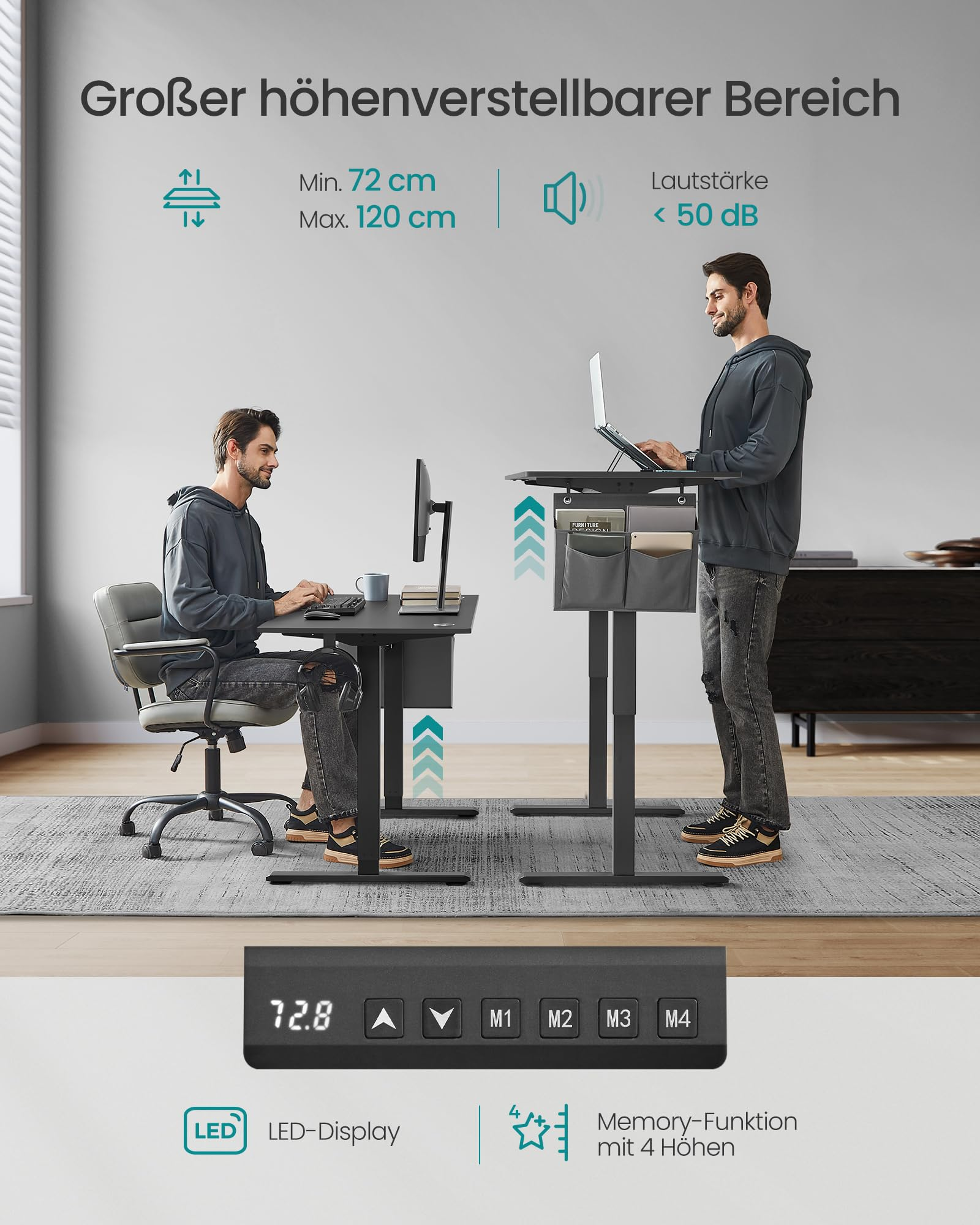 Un homme utilise un bureau réglable assis et debout, avec écran LED et fonction mémoire.