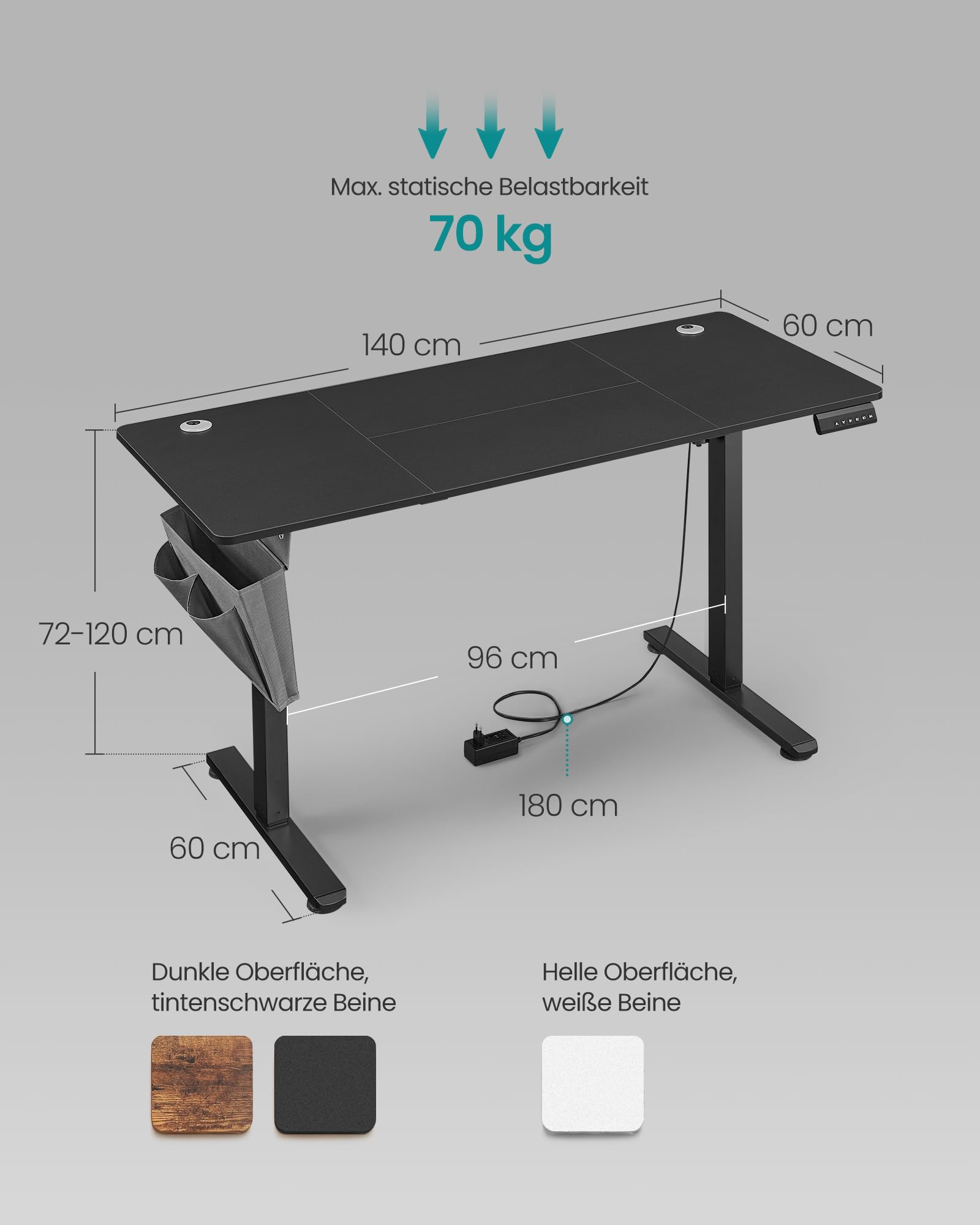 Dessin technique d'un bureau noir réglable en hauteur avec cotes et options de couleur.